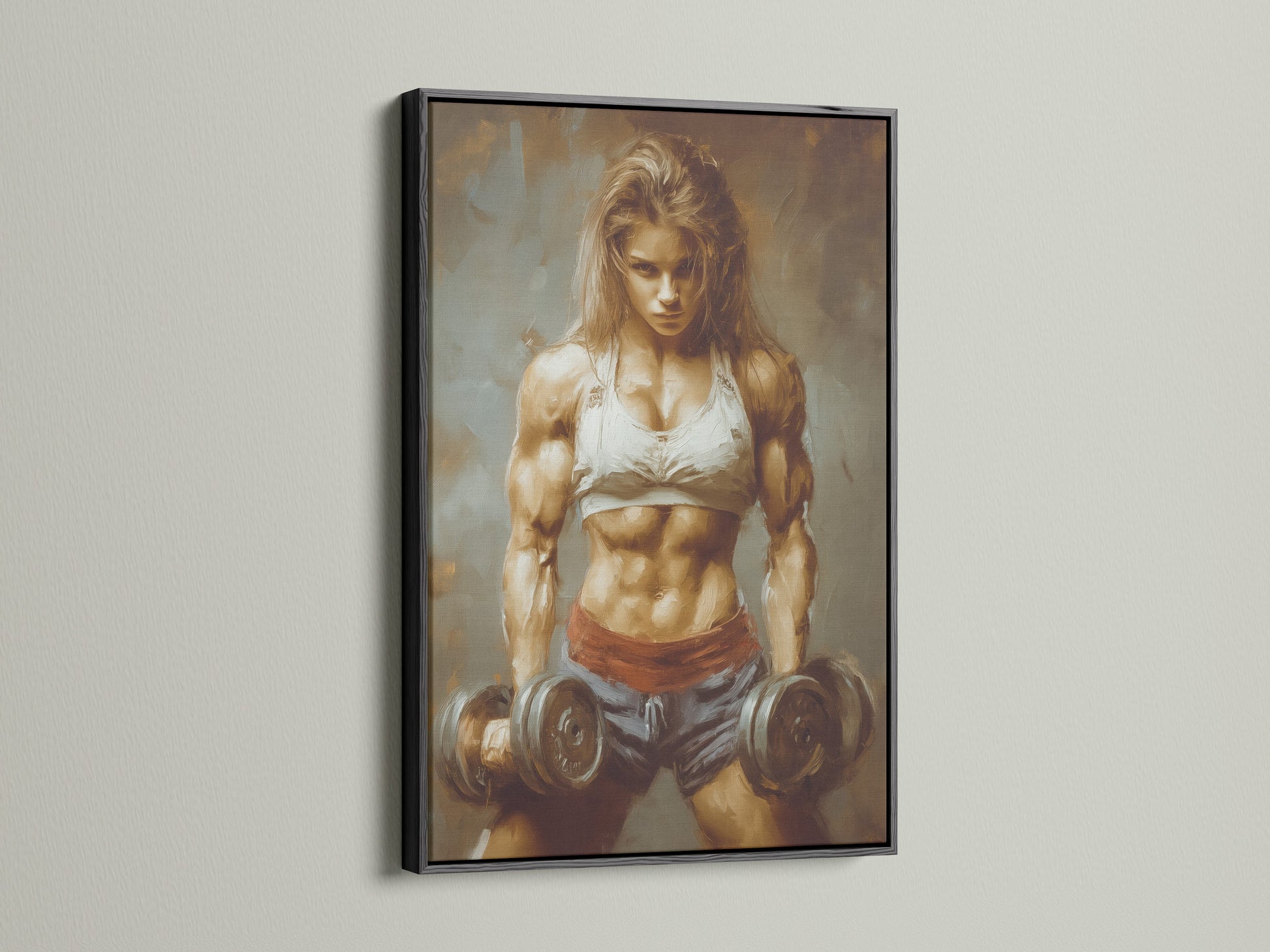Black frame artwork of a strong woman. This fitness wall art enhances gym wall decor. The female bodybuilder artwork adds strength. A motivational poster for your home gym. This piece will definitely elevate your space.