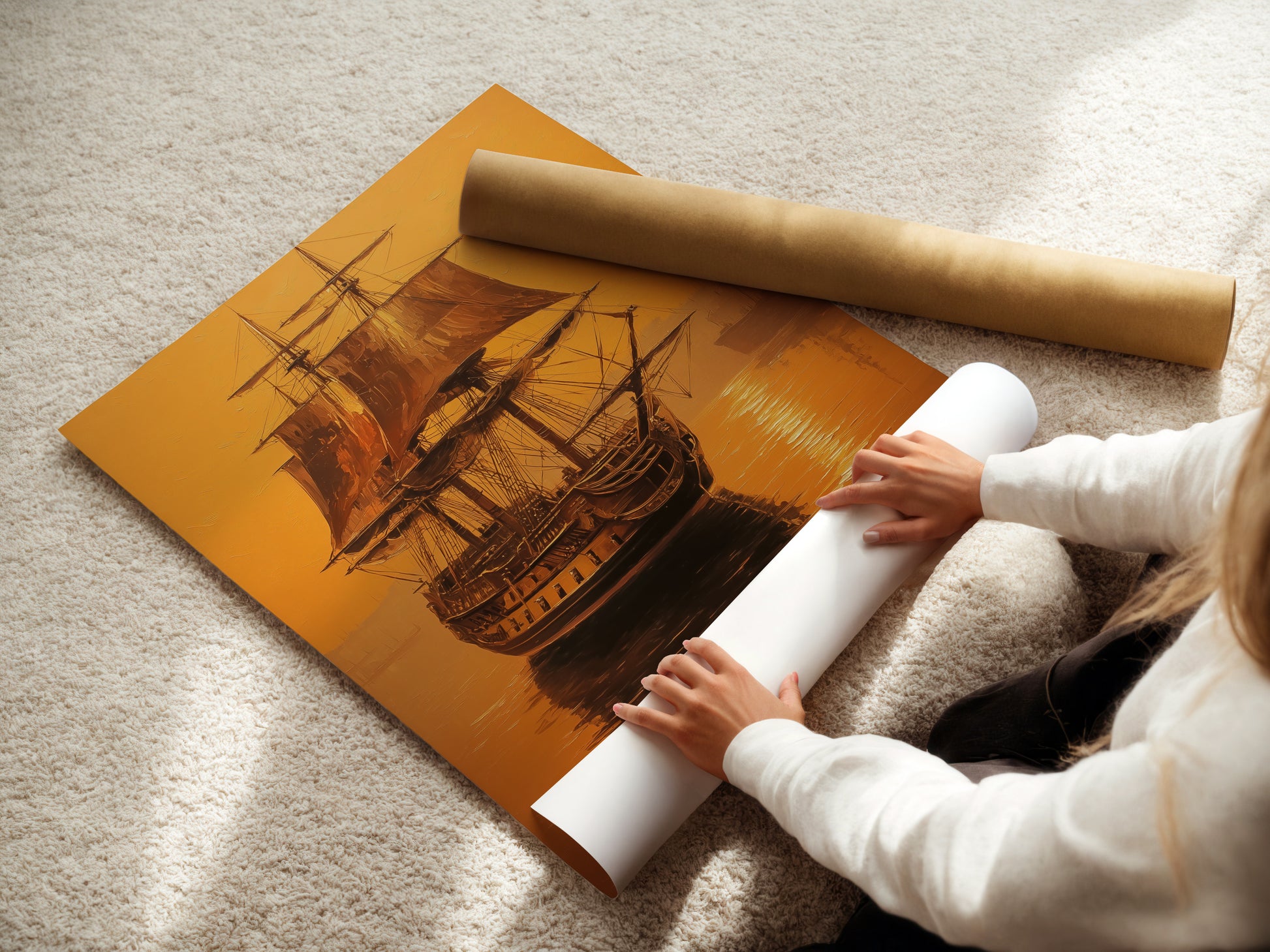 A woman is carefully rolling a fine art poster paper. The paper is high-quality. It is ideal for printing artwork and photographs. The rolling process helps to protect the paper from damage. It ensures that it arrives in perfect condition. Fine art poster paper is a great way to display your favorite artwork.