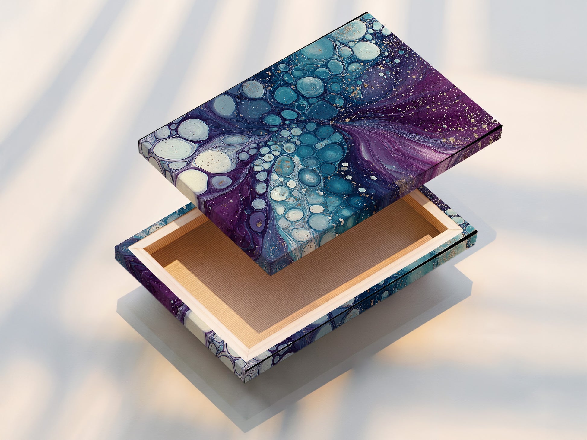 A stretched canvas print showcasing abstract fluid art. The purple and teal colors create a modern and captivating piece. This bubble artwork is ready to hang. It will transform any space with its contemporary style. Perfect for living rooms bedrooms and offices.