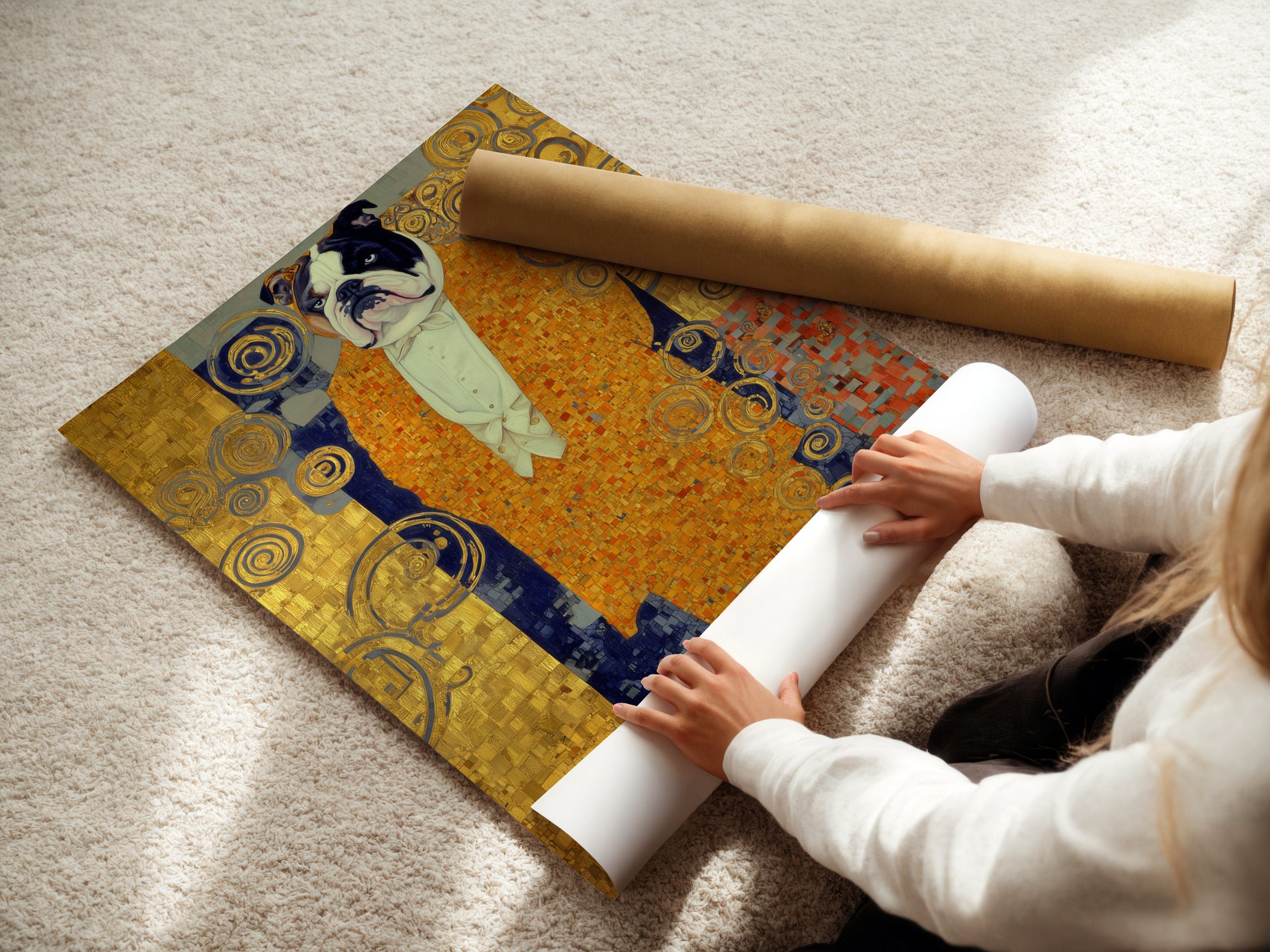 A woman is carefully rolling a fine art poster paper featuring the Klimt Style Bulldog. This dog portrait print is perfect for creating a unique art nouveau print. It's a decorative art piece. It is ideal as golden wall art. It's an ornamental print suitable as a dog lover gift.