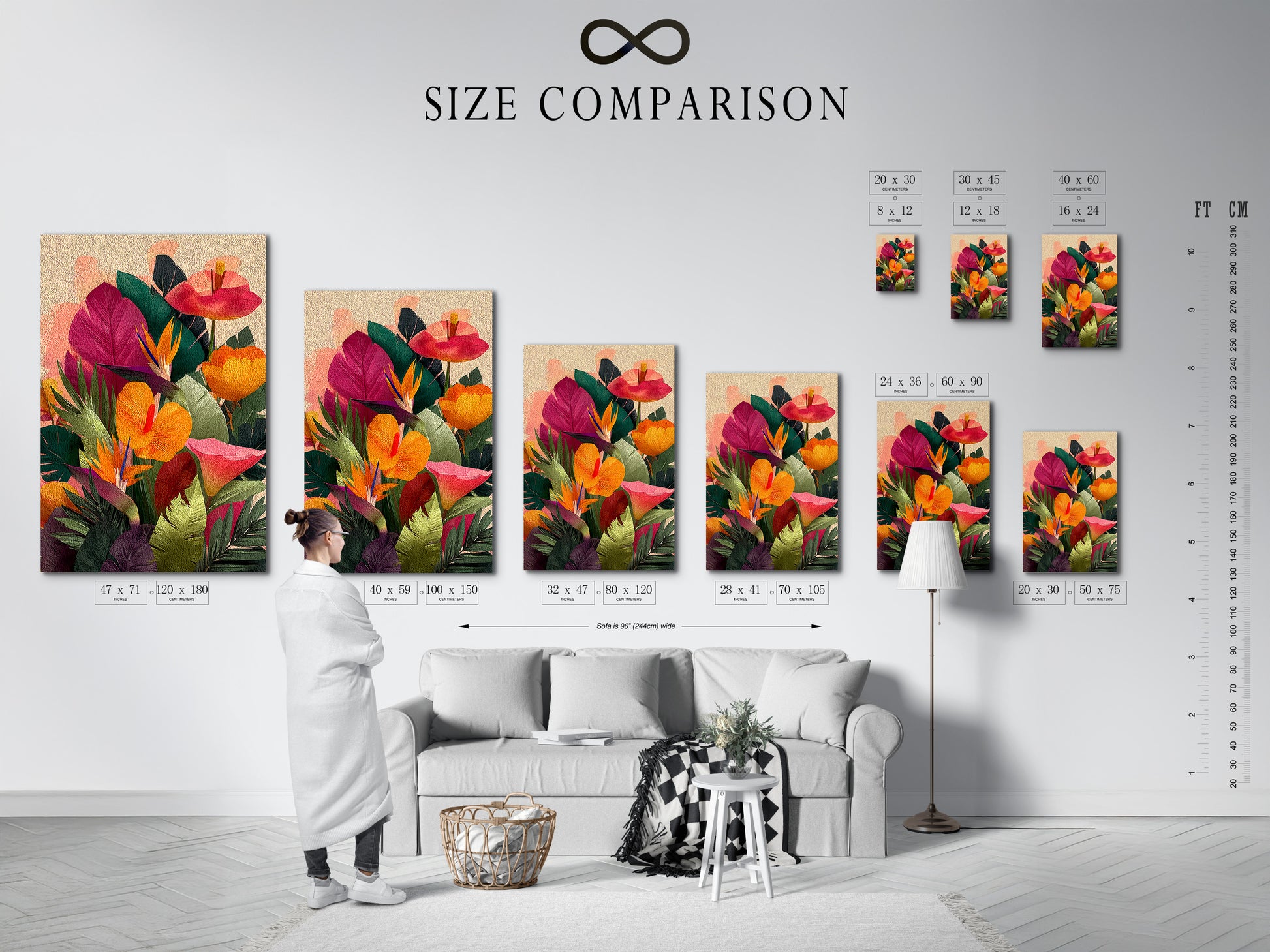 A size comparison chart is shown in an interior setting. The chart helps visualize different artwork sizes. It shows how each size fits within a room. This helps customers choose the perfect size artwork. It ensures the artwork complements the space.