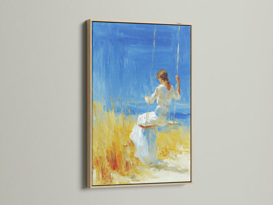 Artwork with an oak frame is displayed. The artwork features a woman in a white dress sitting on a swing. The background shows a blue sea and yellow field. The oak frame enhances the artwork's natural beauty. It adds a touch of warmth to any room.