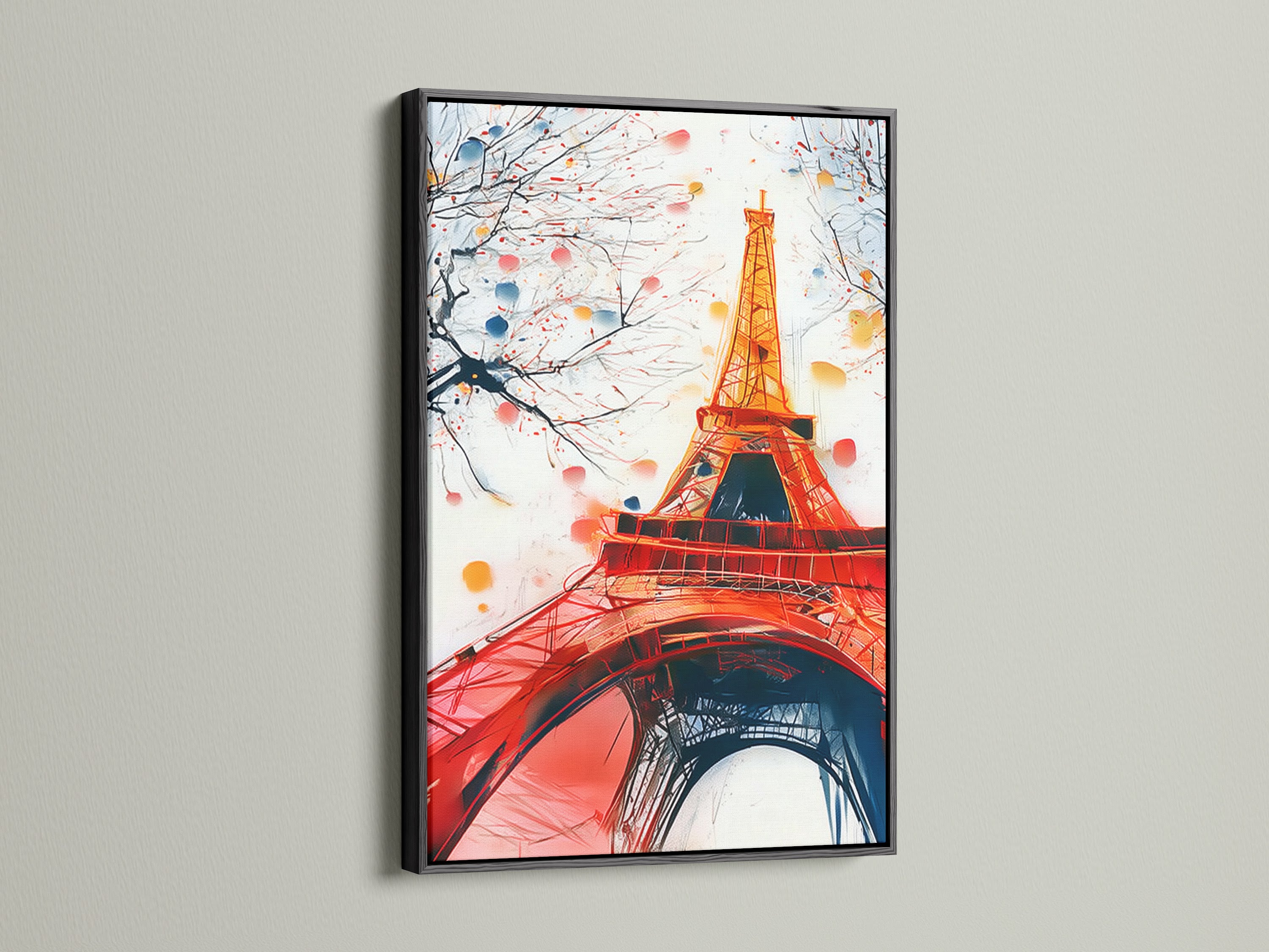 Eiffel Tower fine art in a black frame. A bold black frame adds contrast and definition to the tower canvas art. This is ideal for creating a focal point in your home or office gallery wall.