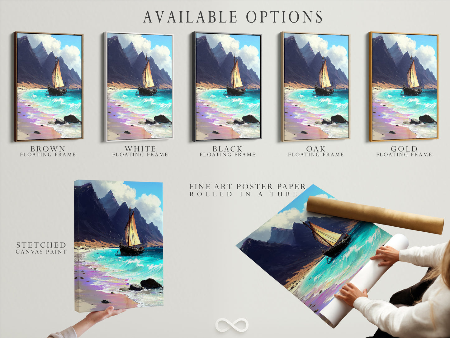 Available options include a stretched canvas print a fine art poster paper print and a floating frame. Sailboat art is a great coastal print. Teal artwork enhances beach art. Ocean view art is displayed.