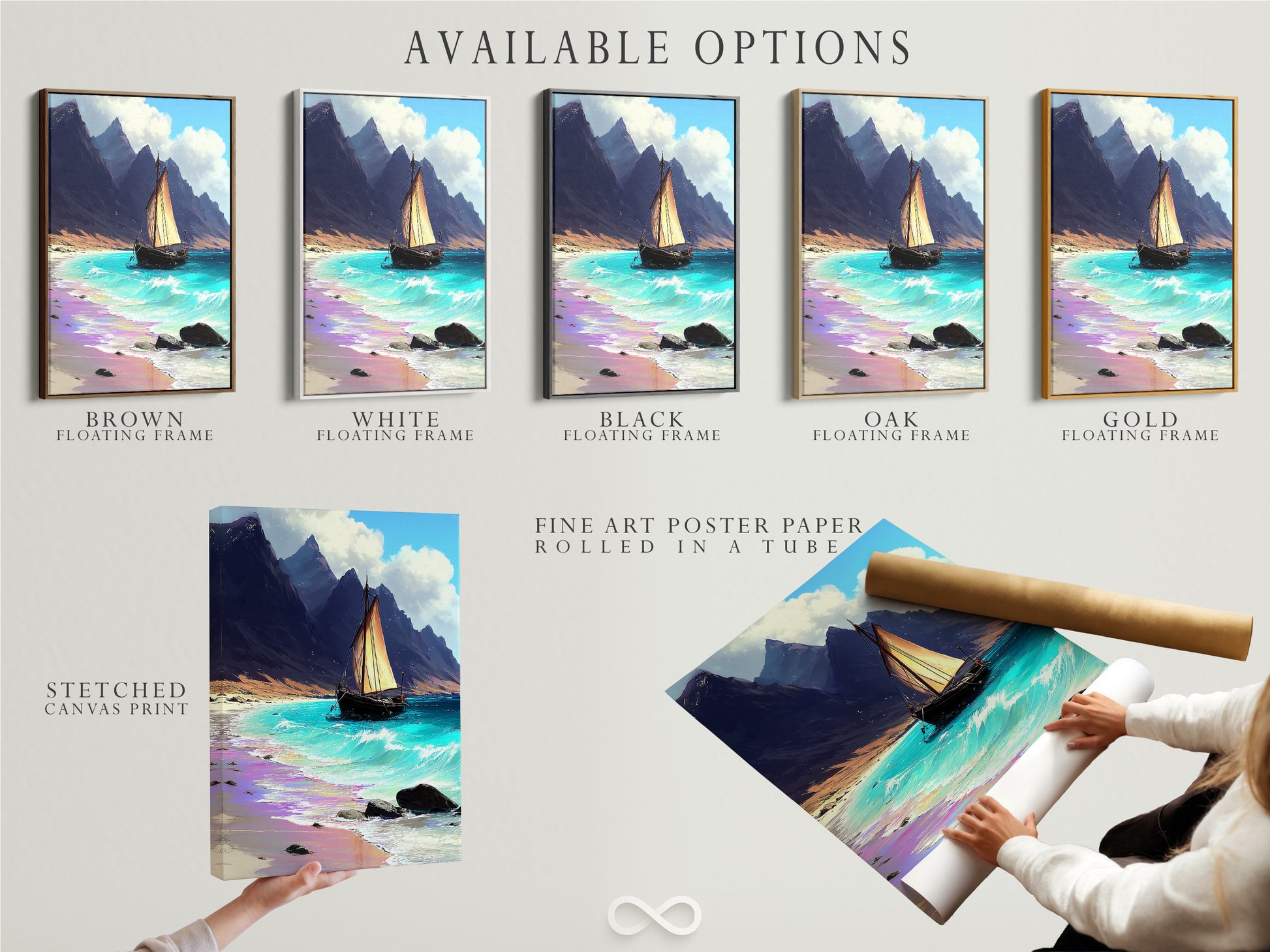 Available options include a stretched canvas print a fine art poster paper print and a floating frame. Sailboat art is a great coastal print. Teal artwork enhances beach art. Ocean view art is displayed.