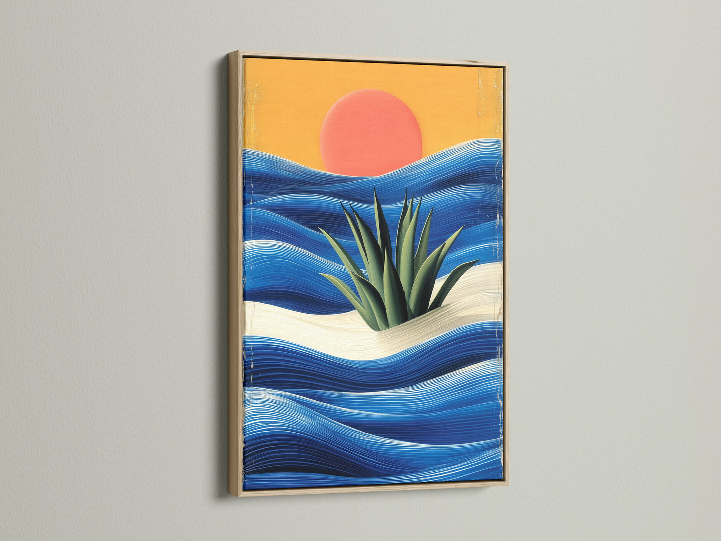 Framed coastal sunset artwork in an oak frame. This abstract ocean waves wall art adds a modern seascape touch. Ideal for beach houses and sunrooms. Get yours today!
