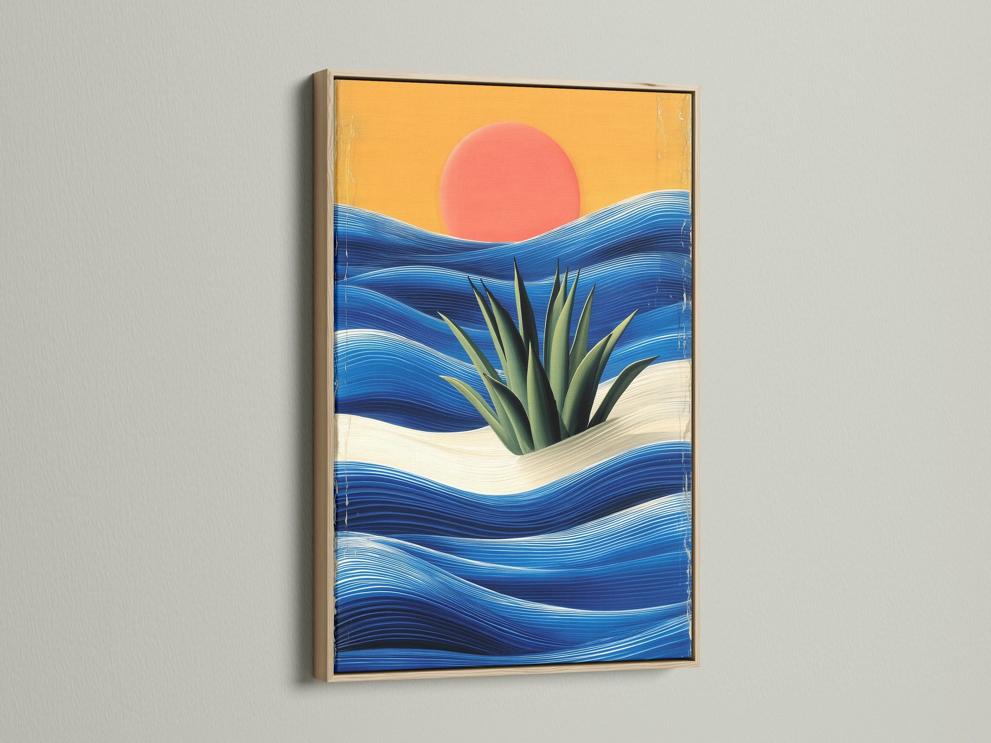 Framed coastal sunset artwork in an oak frame. This abstract ocean waves wall art adds a modern seascape touch. Ideal for beach houses and sunrooms. Get yours today!