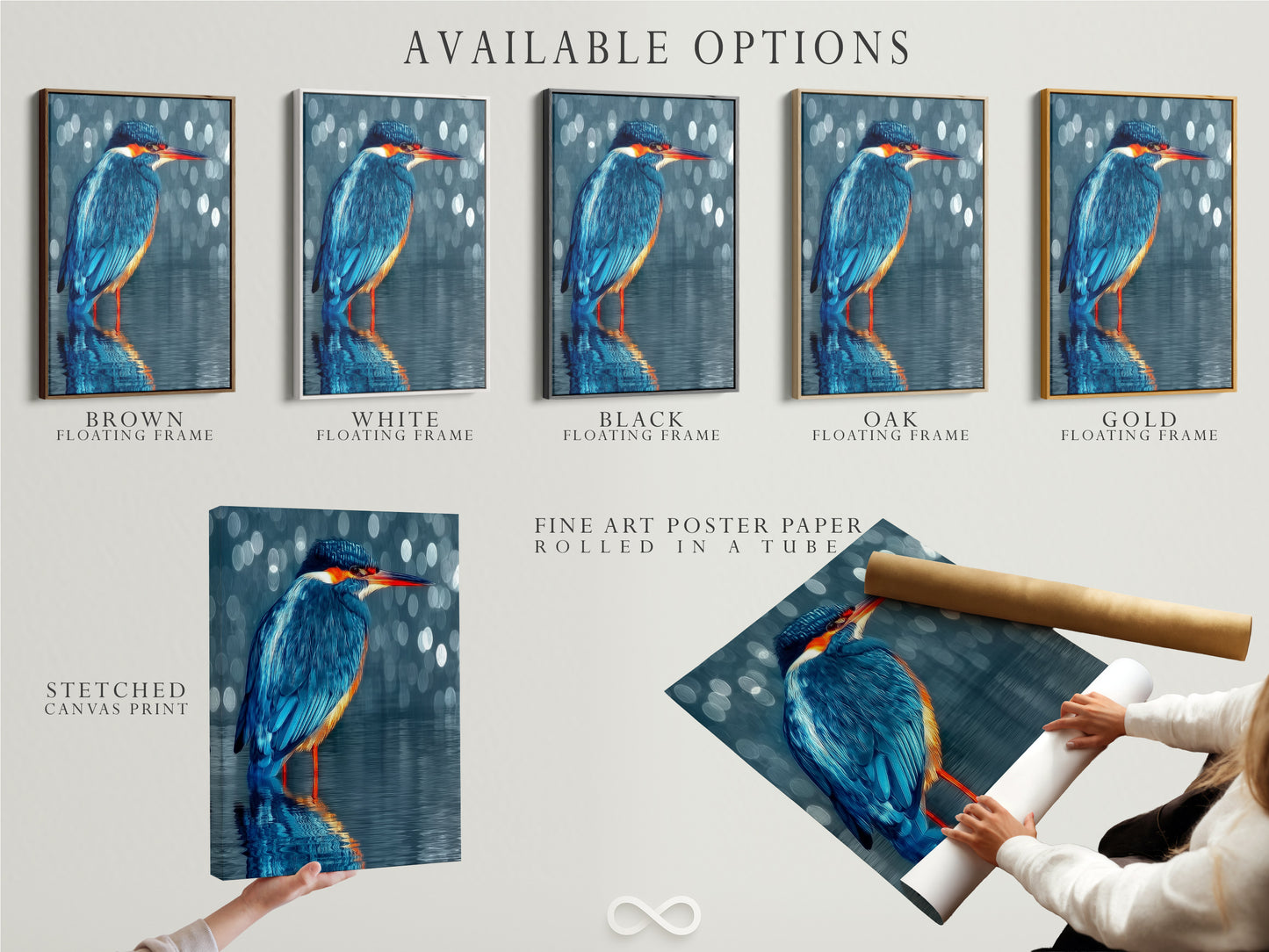 Available options include stretched canvas print fine art poster paper and floating frame. Choose your preferred style for the kingfisher artwork. Customize the teal bird wall art to match your decor