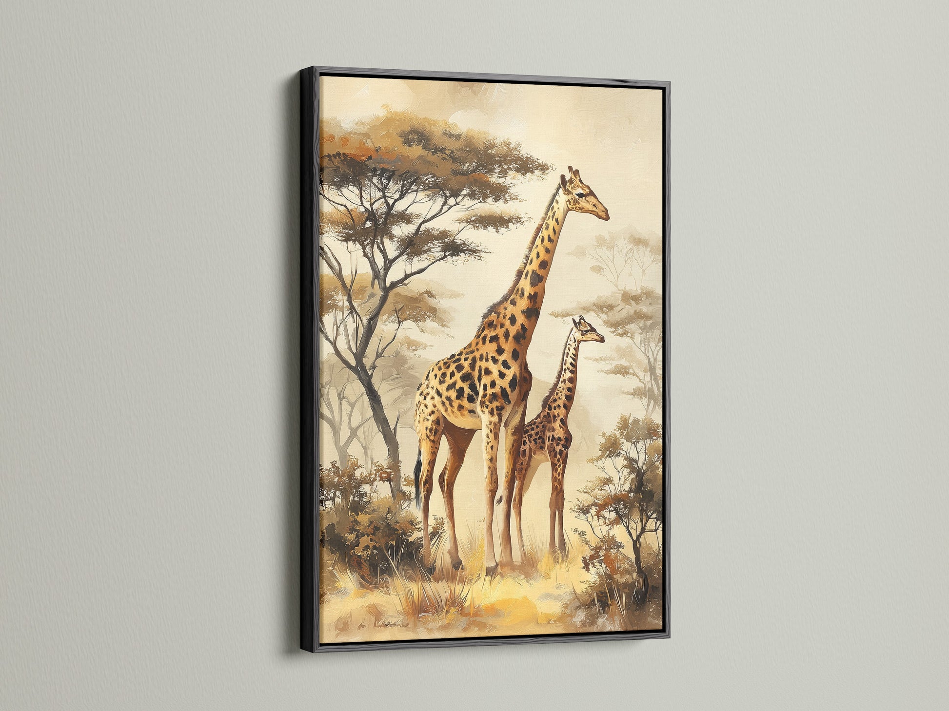 Black frame artwork option. This artwork features a mother and baby giraffe. The artwork is framed with a sleek black frame. The black frame creates a bold statement for your artwork. This frame is perfect for modern or eclectic decor. The black frame adds a touch of drama.