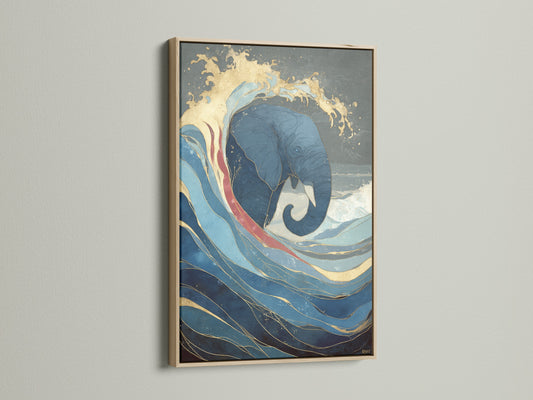 A captivating ocean wave and elephant artwork is displayed in an oak frame. The artwork is a blue and gold abstract canvas print. This Japanese style art adds a minimalist style to your living room bedroom or office space.