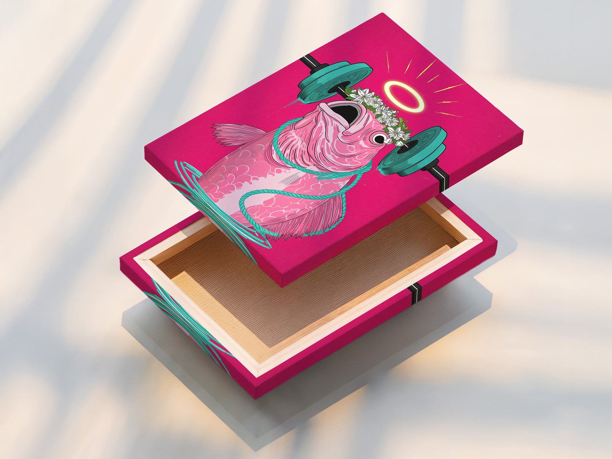 This is a stretched canvas print of the Workout Fish Art. Funny fitness decor that is ready to hang. Brighten your home gym wall art with this motivational artwork. It's a great addition to any fitness-themed space.