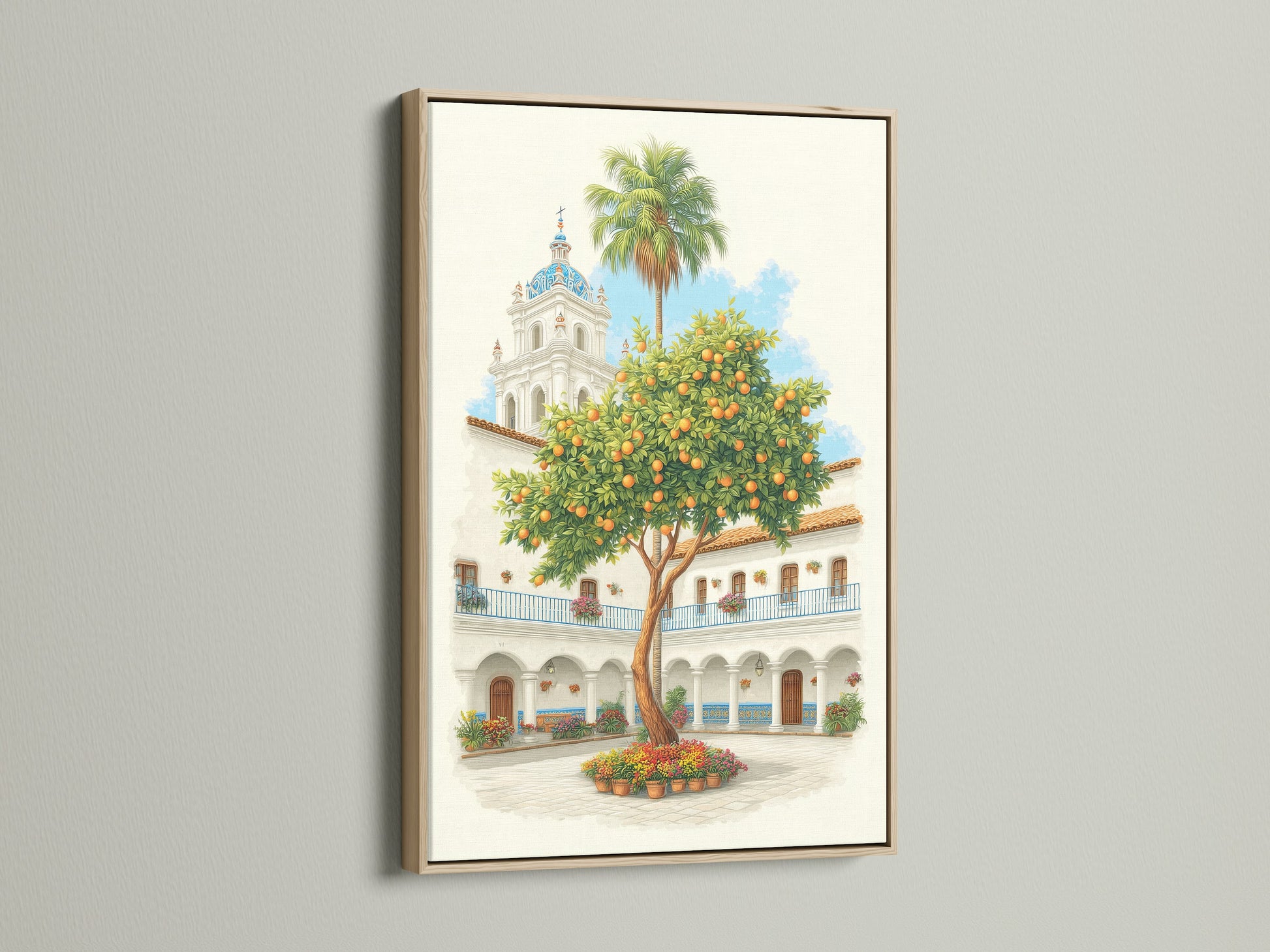 Spanish Courtyard artwork displayed in an oak frame. This artwork features a white building with a blue dome and an orange tree. The oak frame enhances the natural beauty of the art. Ideal for living rooms bedrooms and study rooms.