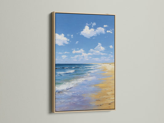 Artwork in an oak frame. The artwork depicts a beach scene. The art is hanging on a white wall. The sun is shining casting shadows on the wall. The oak frame complements the artwork beautifully.