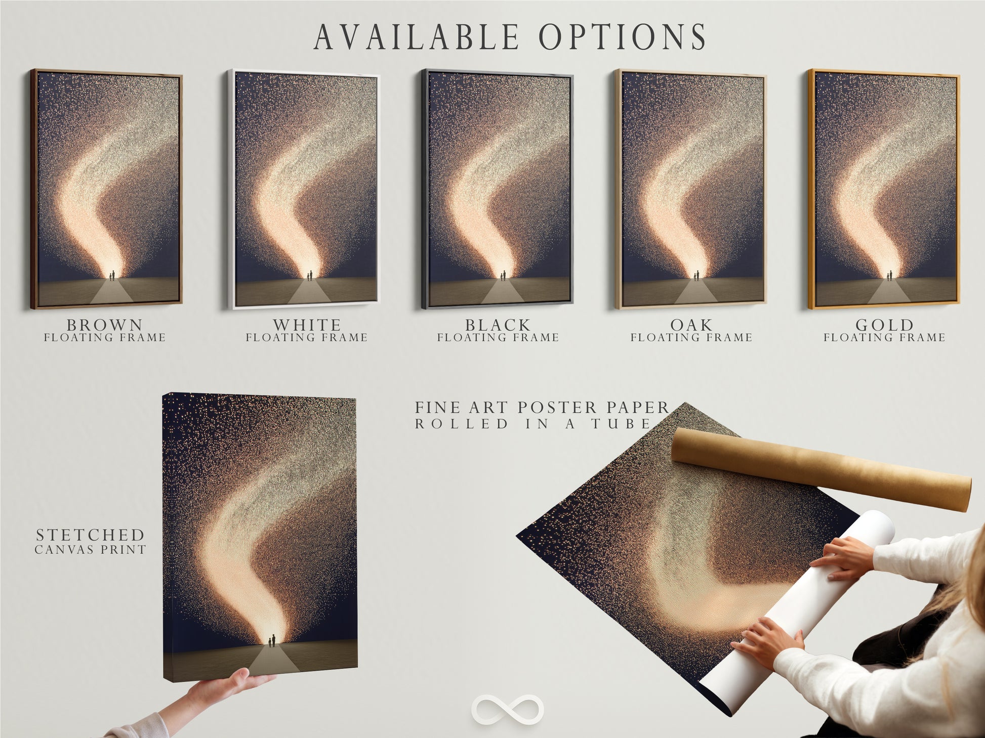Explore available options for this celestial art print. Choose from a stretched canvas print fine art poster paper or a floating frame. Perfect for adding a cosmic sparkle to your home decor. Abstract family artwork enhances any space. Create a dreamy atmosphere with our modern wall art options.