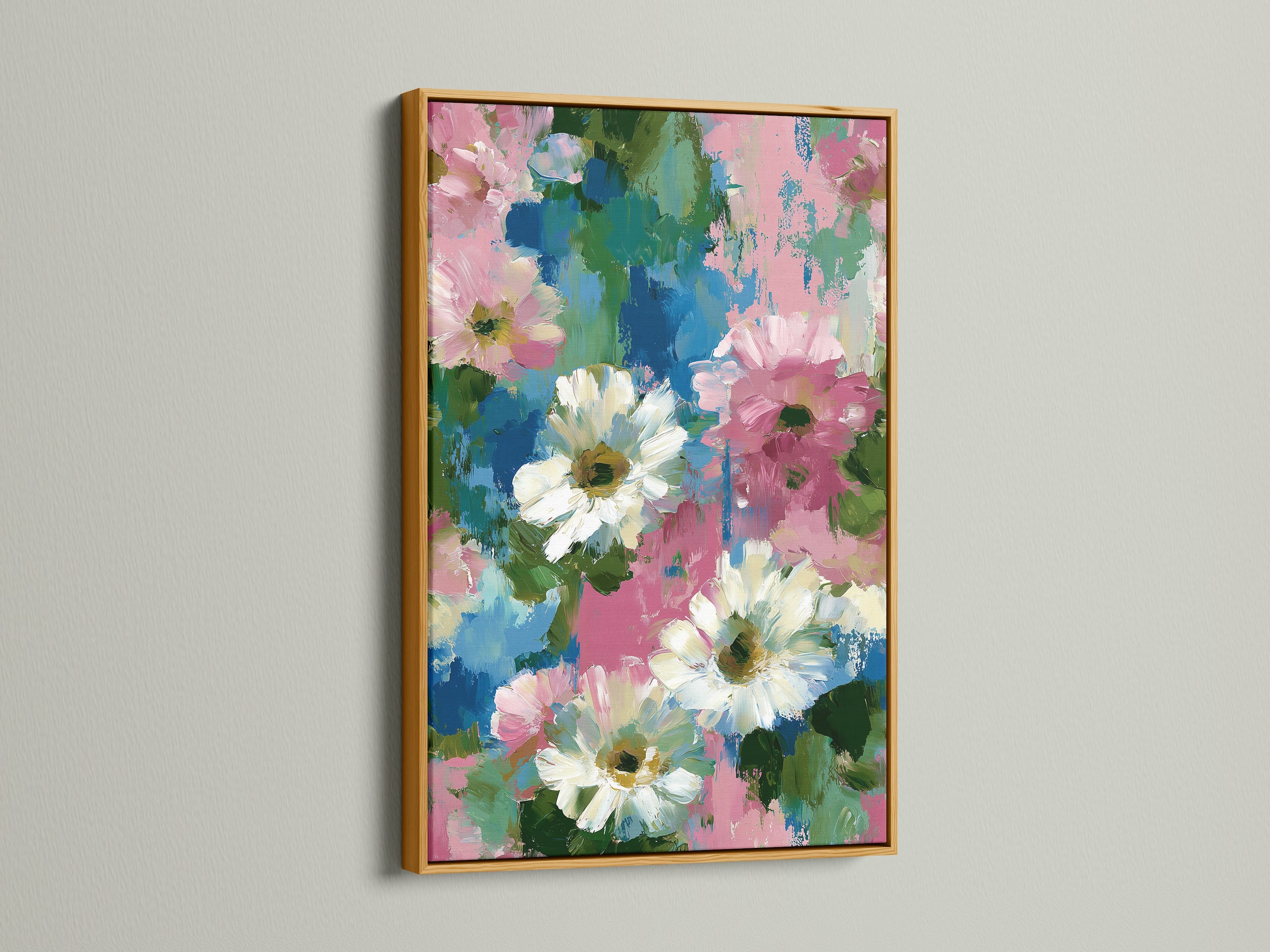 Floral canvas artwork with a gold frame. This pink and blue flower wall art is ideal for bedroom decor. The impressionist botanical artwork brings a luxurious touch. Perfect for interior stylists. This daisy art print enhances spring wall art. Abstract flowers add elegance. Garden art print for a sophisticated look. Elevate your space with shabby chic art.