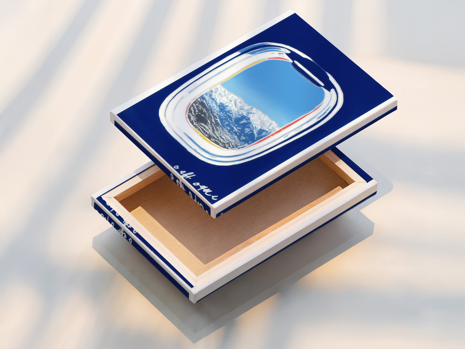 A stretched canvas print displaying an airplane window view. The artwork captures a mountain landscape with a vibrant blue sky. Ready-to-hang modern wall art for any space. Ideal for adding a travel-inspired touch.