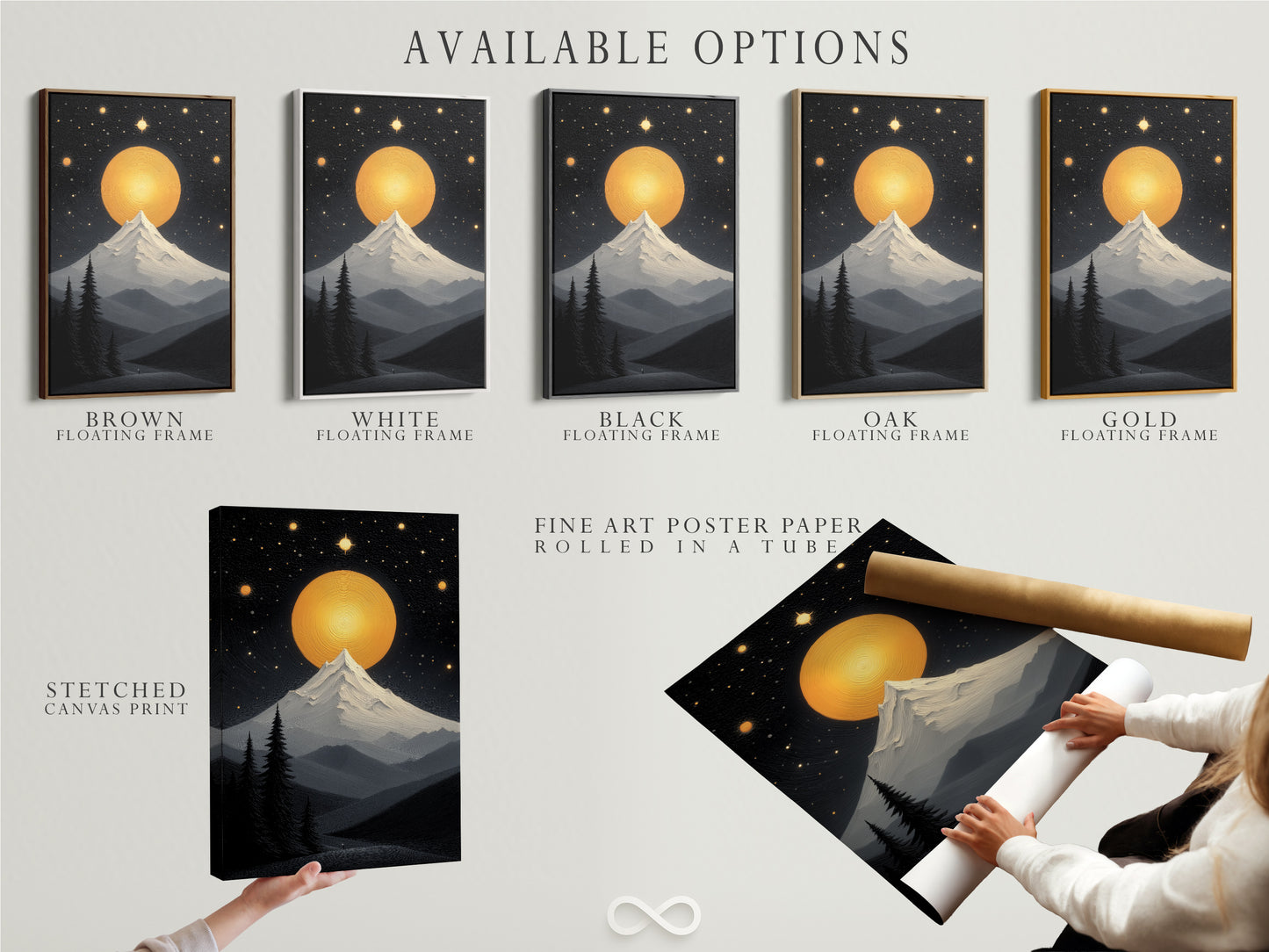 Explore available options for the mountain moon artwork. Choose between a stretched canvas print fine art poster paper or a floating frame. Customize your celestial wall art to fit your style. Perfect for modern home decor.