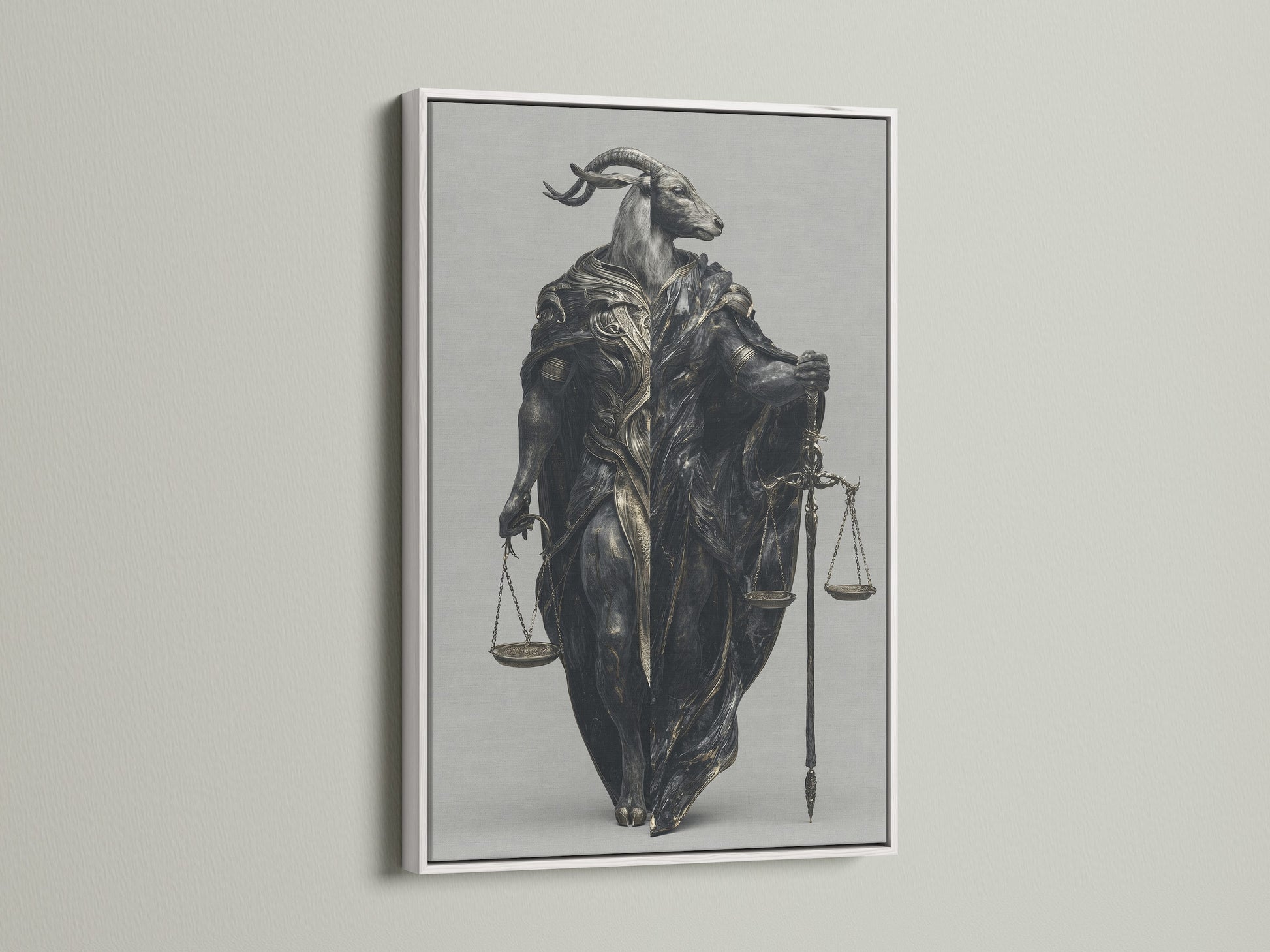 Justice Scales Goat Artwork with a white frame. This piece is a great choice for legal office art or study room decor. The scales of justice are a focal point. This is symbolic artwork.