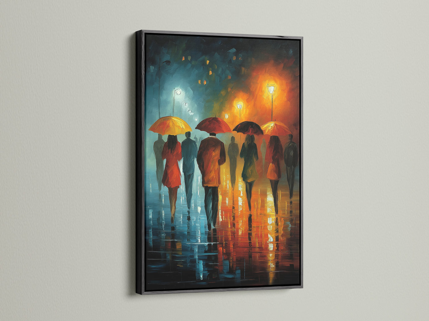 A black frame surrounds this canvas print of a rainy city scene. The orange and teal tones create a modern feel. The artwork shows figures walking with umbrellas. It makes a stylish statement as living room wall art.