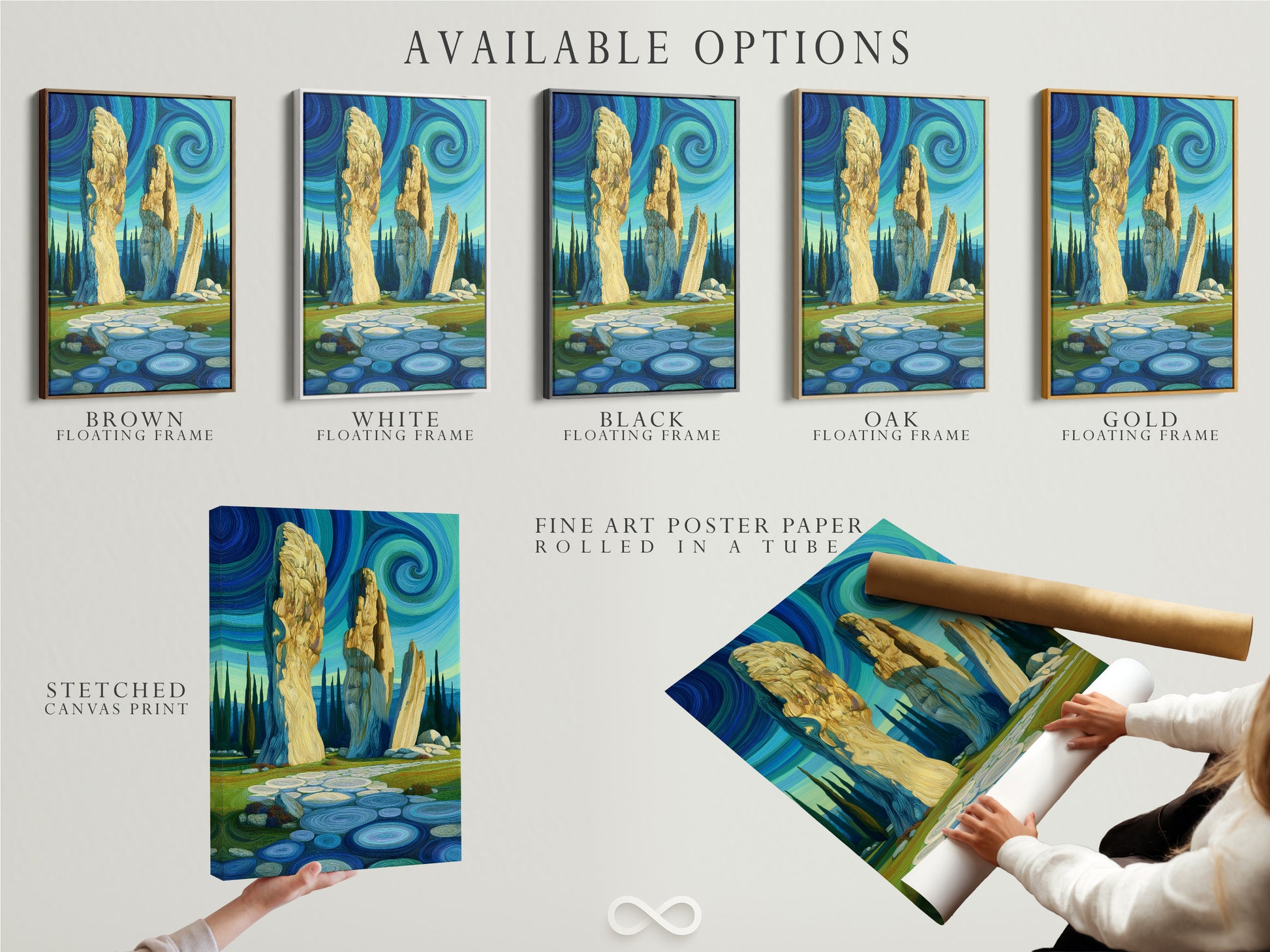 Available options include a stretched canvas print fine art poster paper and a floating frame. The artwork is a Celtic mystical landscape. It shows an ancient stone circle beneath a swirling sky. Select your preferred format.