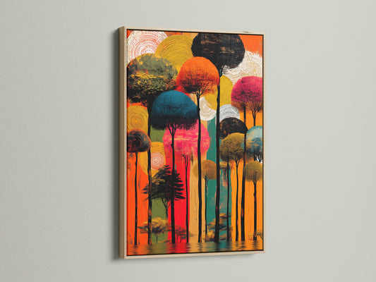An oak frame beautifully showcases an abstract tree art piece. The forest canvas print features colorful trees creating a modern nature artwork. Perfect for adding a touch of contemporary art to your living space.