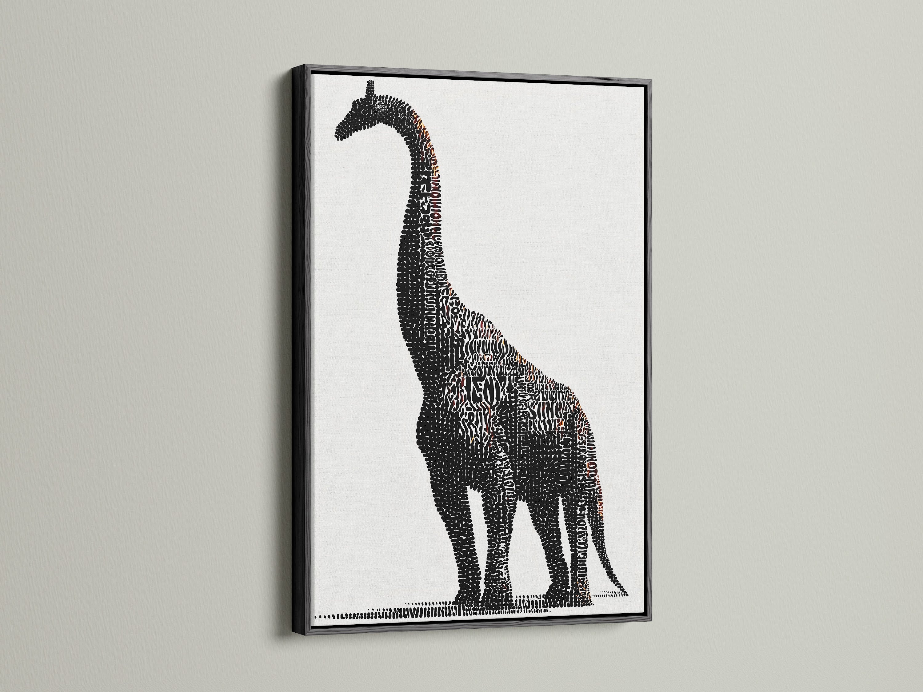The Brontosaurus word art canvas print is framed in black. The black and white dinosaur typography artwork makes a bold statement. A modern decor piece for a kids room nursery or playroom. The black frame enhances the artwork's contrast. It is a striking addition to any wall.