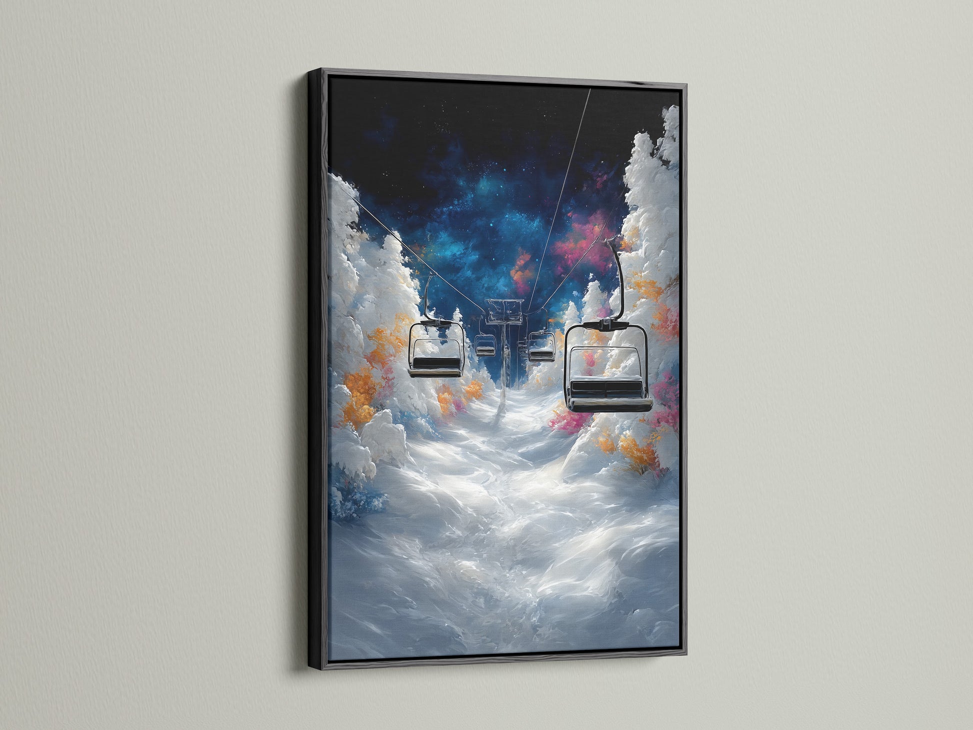 Add a touch of sophistication with this ski lift art. The black frame provides a bold contrast to the winter mountain scene. Perfect for mountain resorts and stylish homes. This piece brings a touch of elegance to any space.