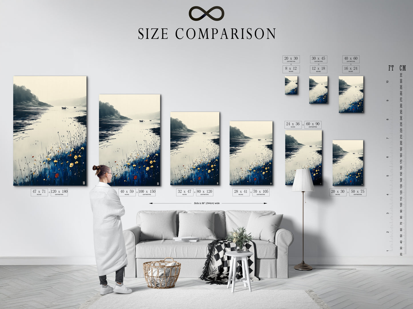 A size comparison chart displayed in an interior setting showcasing coastal artwork options. The serene lake art includes blue and beige hues. This nature print provides a visual guide for choosing the perfect size for your space. Enhance your home art with modern landscape wall art. Find the ideal fit for your wall decoration.