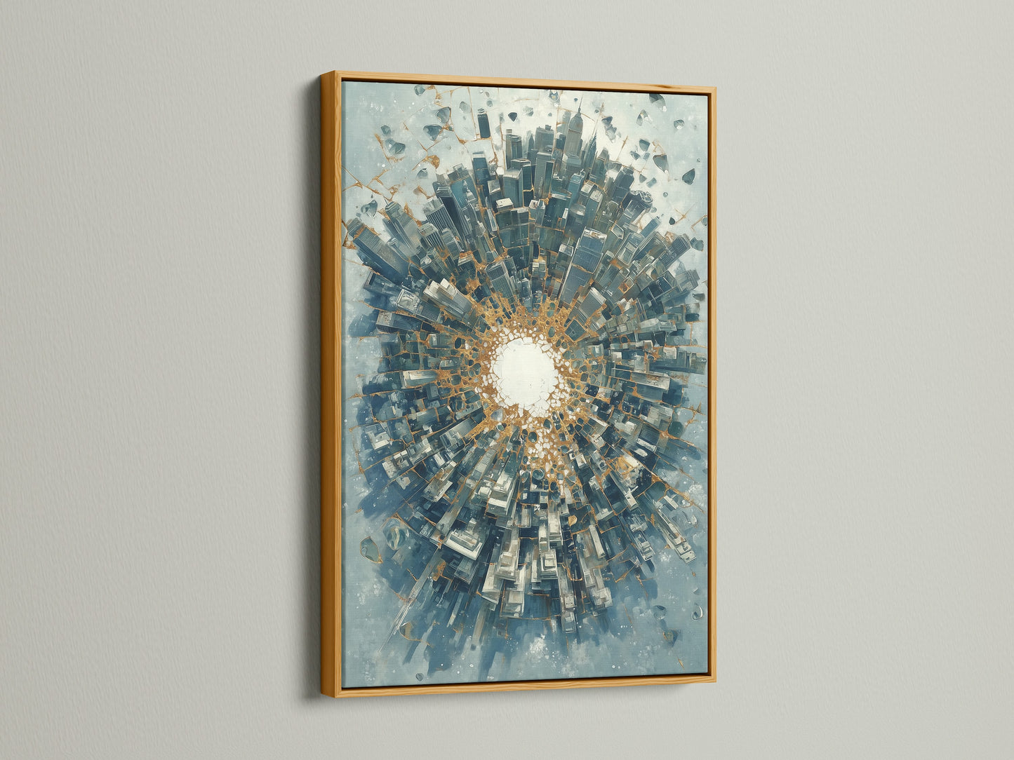 Abstract cityscape artwork in a gold frame. This modern canvas features an urban skyline. The blue and gold colors create a luxurious feel. The gold frame enhances the artwork's elegance. Perfect for adding a touch of glam to any space.