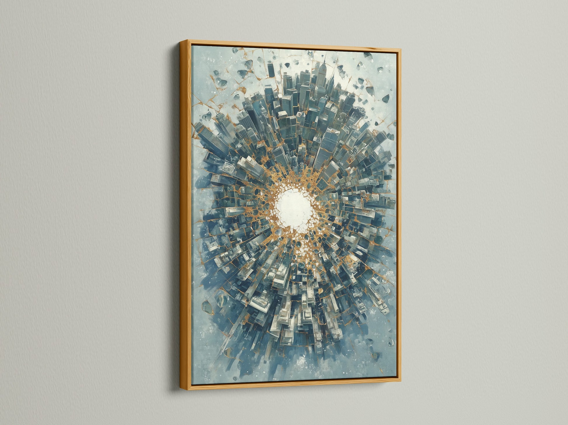 Abstract cityscape artwork in a gold frame. This modern canvas features an urban skyline. The blue and gold colors create a luxurious feel. The gold frame enhances the artwork's elegance. Perfect for adding a touch of glam to any space.