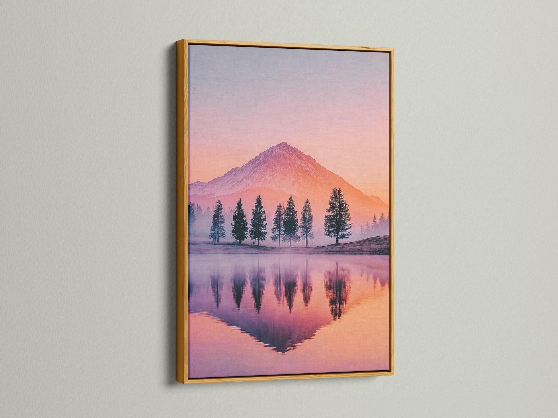 A gold frame highlights this mountain lake canvas print. This serene landscape artwork brings an elegant touch to your home. Pastel colors add a calming vibe. A perfect addition to living rooms or offices.