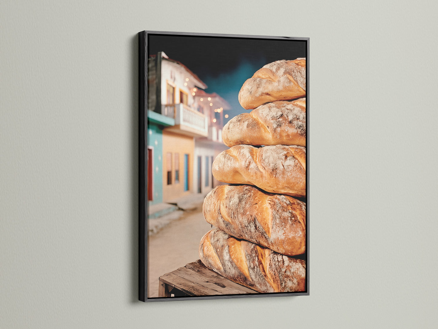 The black frame highlights the rustic bread artwork beautifully. This food photography makes a statement in any kitchen. Ideal for cafe decor or as a gift for bread lovers. This culinary print is sure to impress.