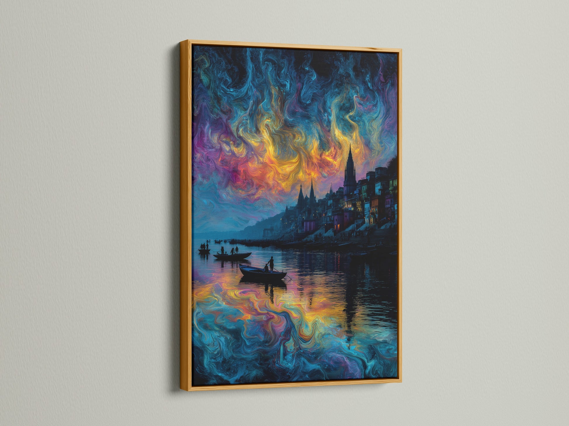 Abstract waterscape artwork with a gold frame. This abstract seascape is great for any room. The surreal cityscape features a vibrant swirling sky. This colorful wall art is perfect for home decor.