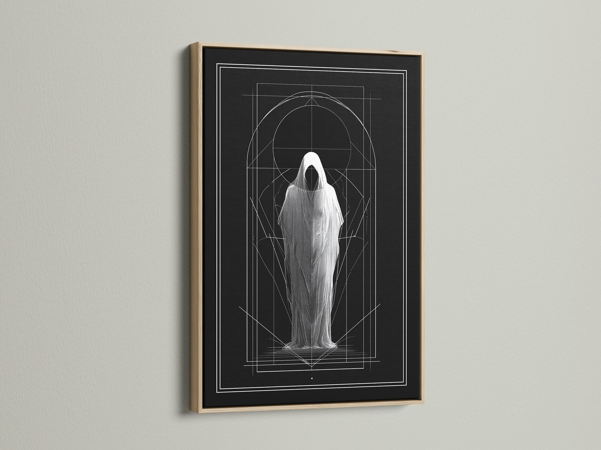 Artwork displayed in an oak frame. The art features a figure in a shroud. Geometric lines accent the piece. The oak frame adds warmth. Explore frame options. Stretched canvas and fine art paper available. Elevate your space with framed artwork.