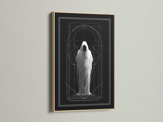 Artwork displayed in an oak frame. The art features a figure in a shroud. Geometric lines accent the piece. The oak frame adds warmth. Explore frame options. Stretched canvas and fine art paper available. Elevate your space with framed artwork.