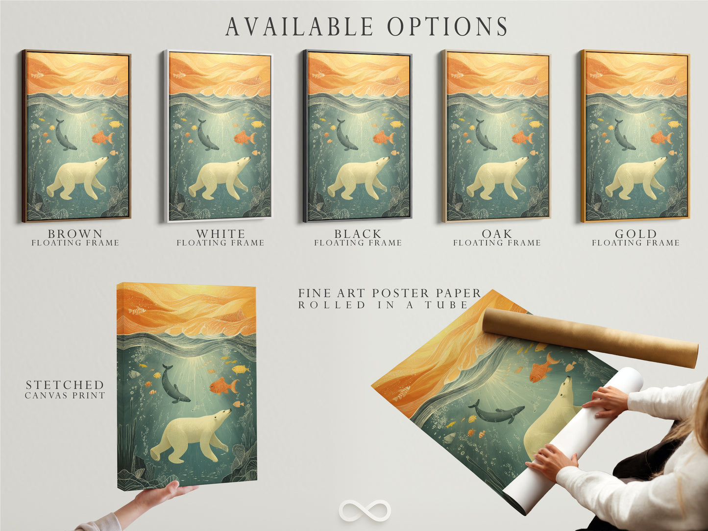 Available options for the Ocean Wildlife Canvas Print. Choose from a stretched canvas print fine art poster paper or floating frame. This marine life decor is perfect for kids rooms and nurseries. Add a touch of aquatic charm to your home with this versatile art.