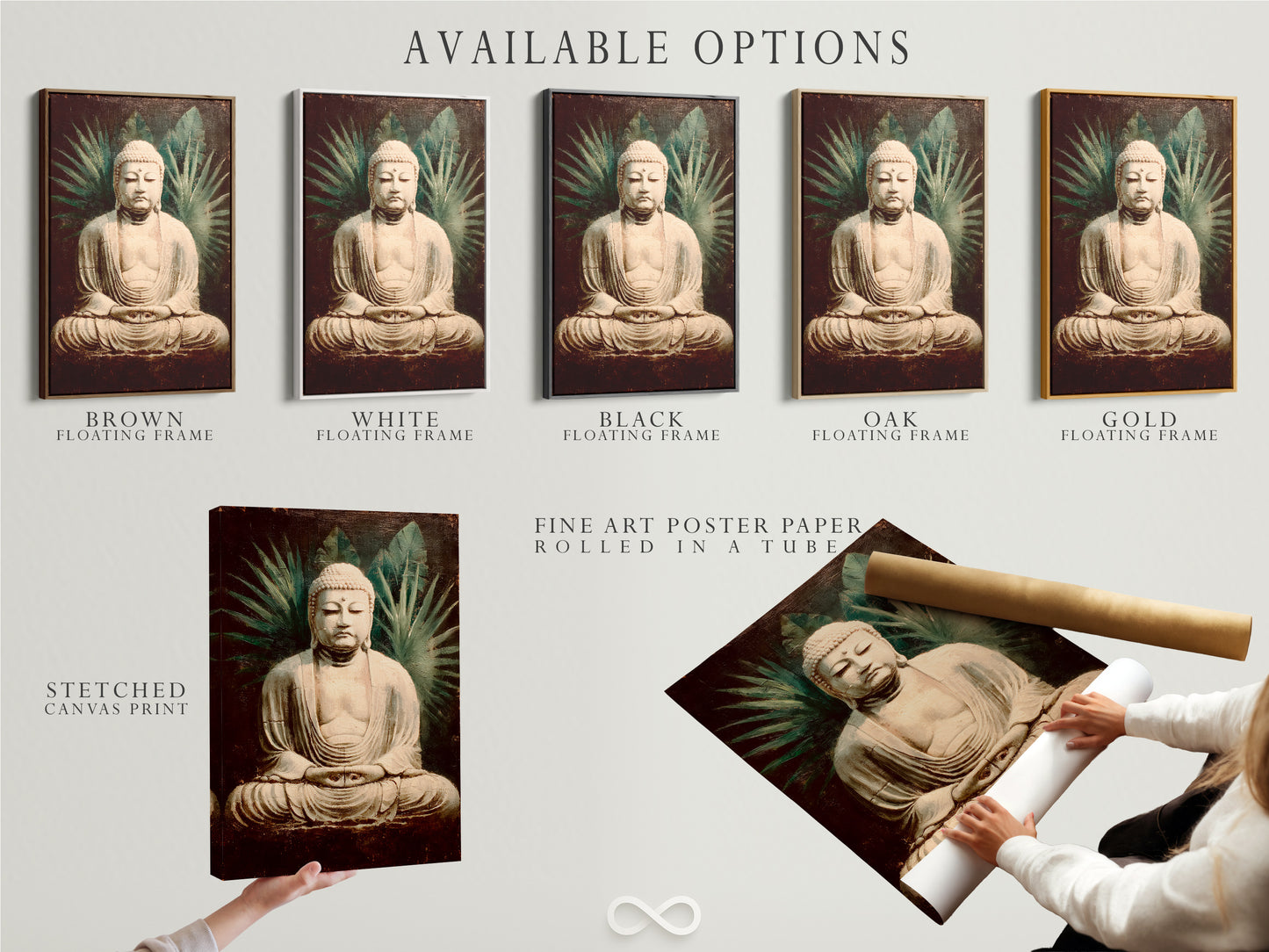Explore available options for vintage Buddha artwork. Choose from stretched canvas prints fine art poster paper and floating frames. Enhance your spiritual zen decor. Perfect for meditation spaces and yoga studios. Find your perfect piece.