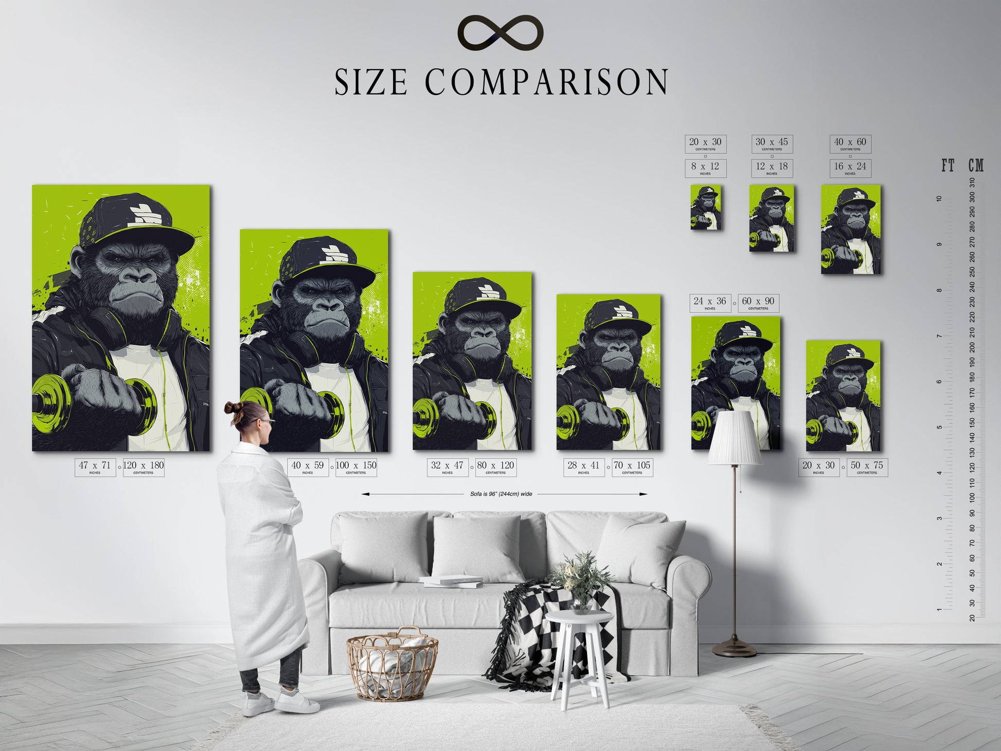 A size comparison chart is displayed in a stylish interior setting. This helps visualize the scale of the gorilla workout artwork. Choose the perfect size for your gym wall decor. This chart assists in selecting the best fit for your home gym or office. It showcases the art's impact.