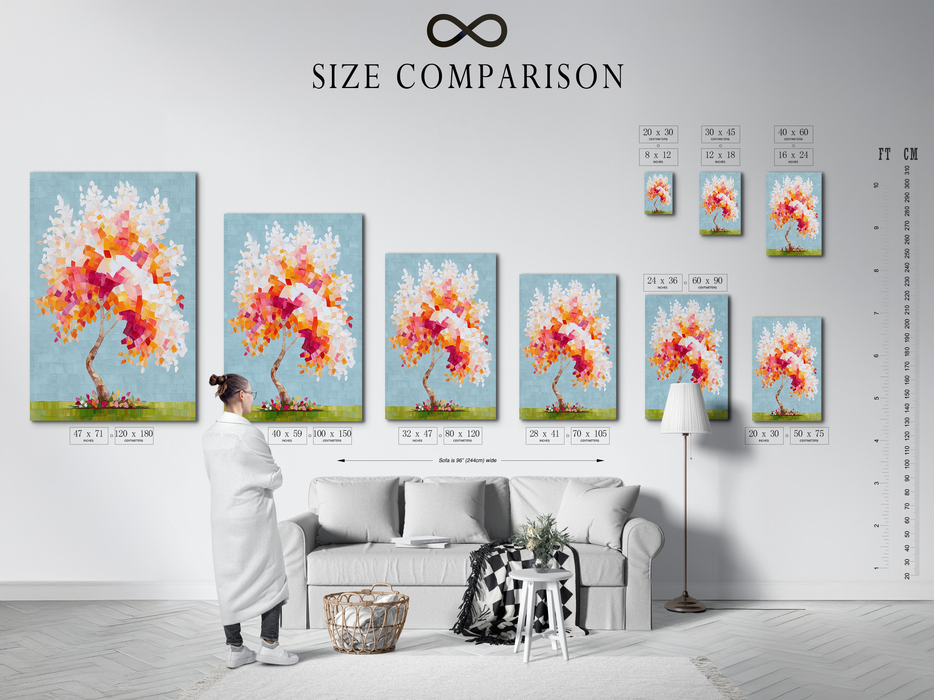 A size comparison chart is displayed in an interior setting. Various sizes of the colorful tree artwork are showcased. Choose the perfect dimensions for your space. This mosaic wall art is available in multiple sizes. Find the ideal fit for your wall decor needs.