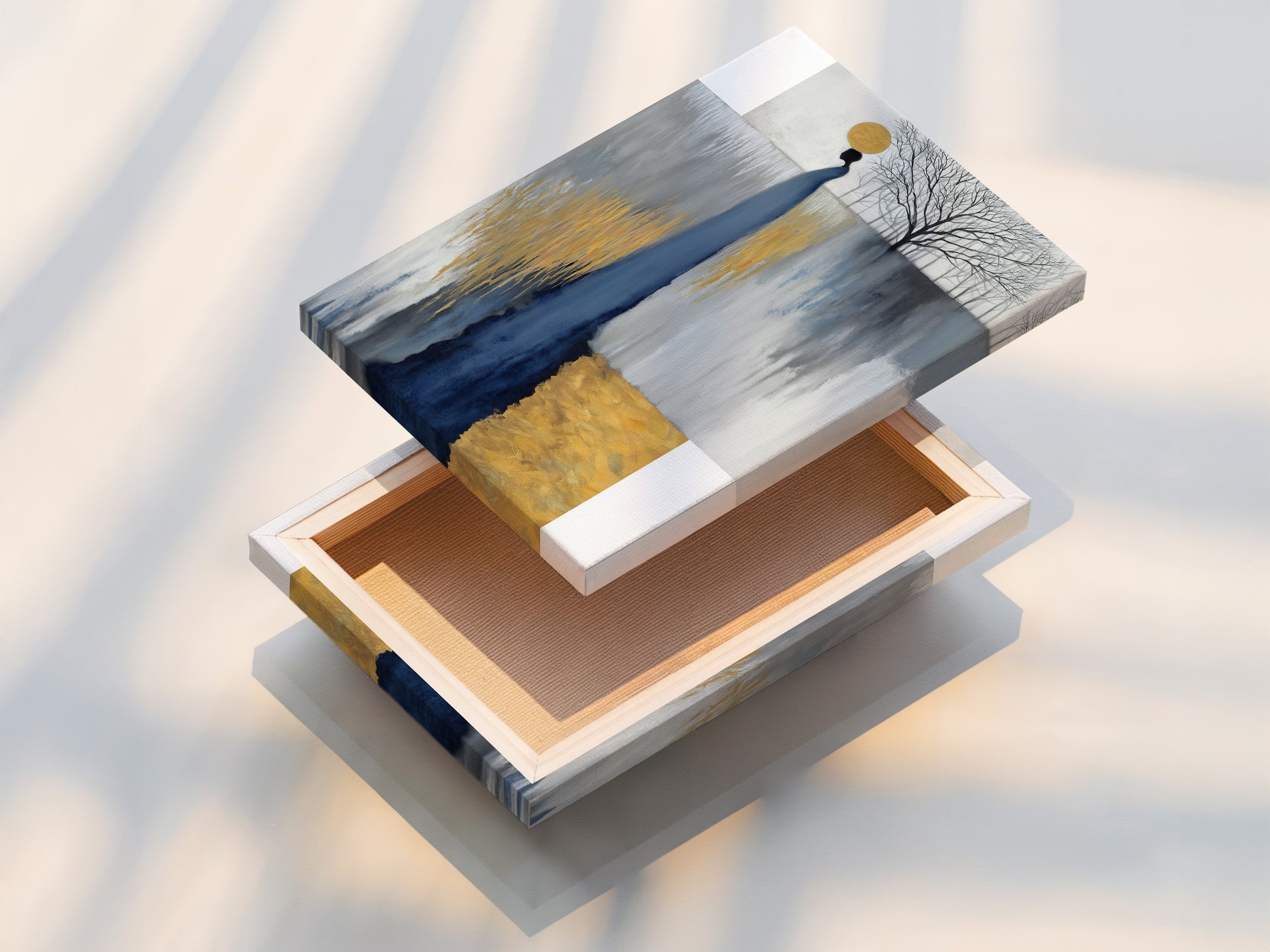 A stretched canvas print is featured. The artwork is ready to hang. The abstract figure in grey blue and gold offers a modern minimalist touch. This canvas print is perfect for adding an artistic statement to any wall whether in a home office or business.