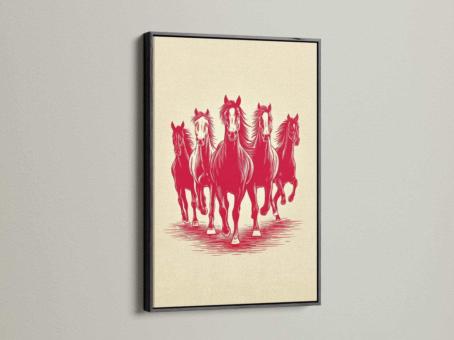 Artwork of running horses is displayed in a black frame. Black offers a modern and bold aesthetic. The art is matted. This frame provides a dramatic look. It makes the artwork pop off the wall.