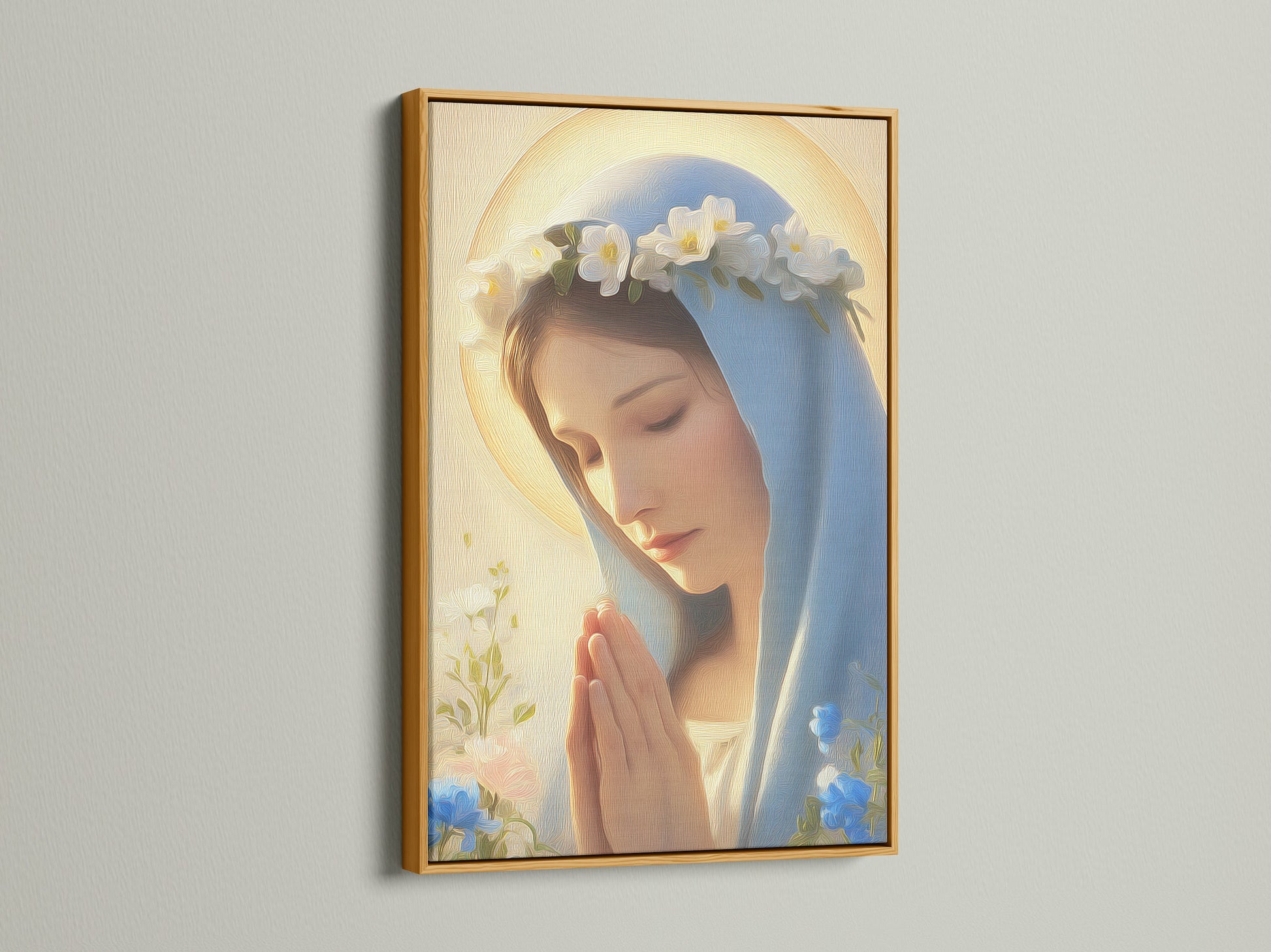 A gold frame enhances this Madonna canvas art. The frame brings a touch of elegance. It complements the primary gold color in the artwork. This religious canvas is perfect for collectors. Add a luxurious feel to your spiritual artwork.