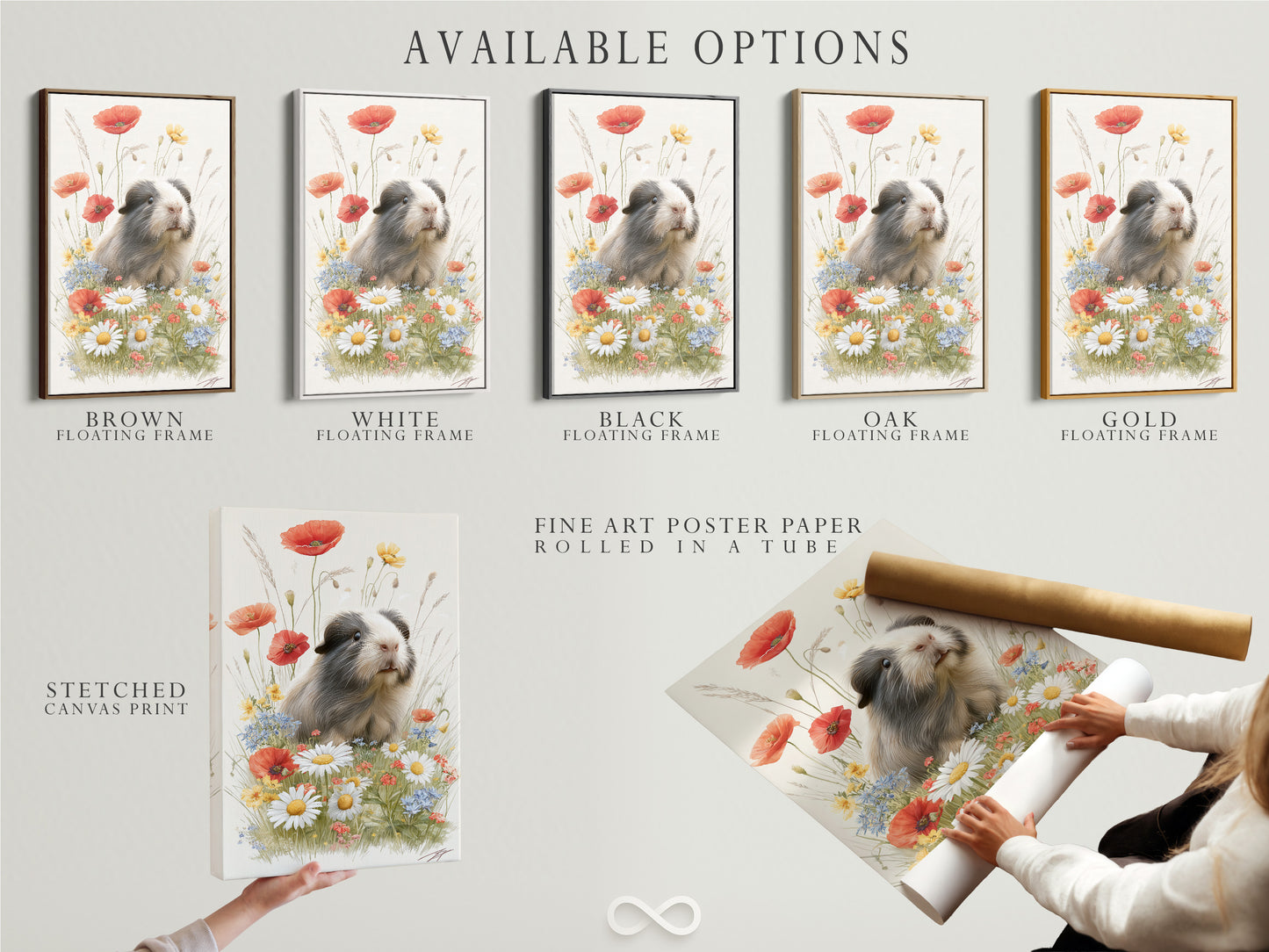 A display of available options for artwork. It includes a stretched canvas print. It also includes fine art poster paper and a floating frame. These choices allow for customization. It makes sure the artwork suits individual preferences. It enhances any interior.