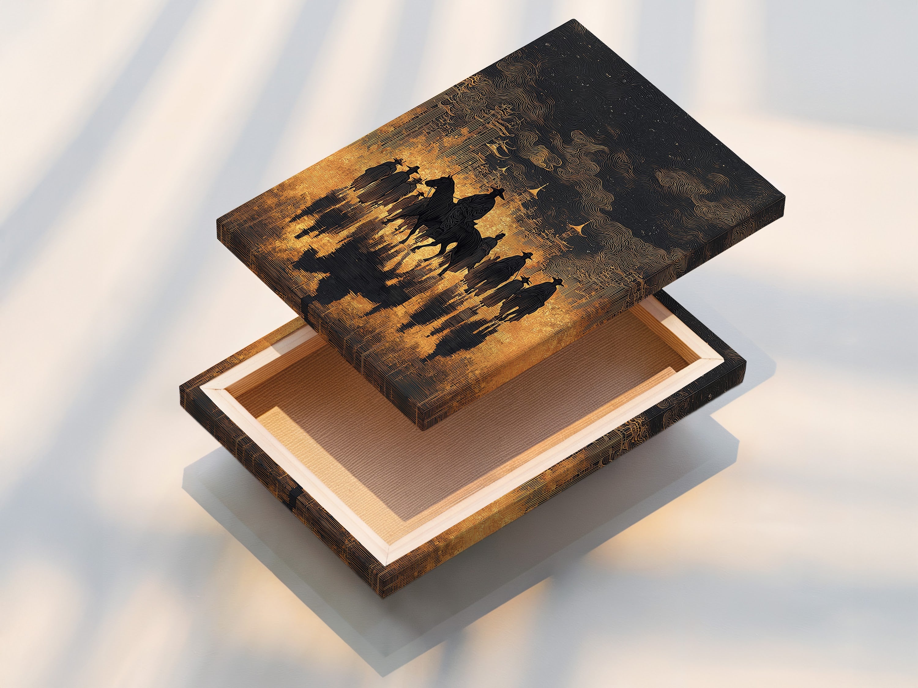 A stretched canvas print featuring Western Cowboys. This rustic wall decor is ideal for country home decor. The silhouette art brings a touch of the Wild West to any room. Perfect wall art.