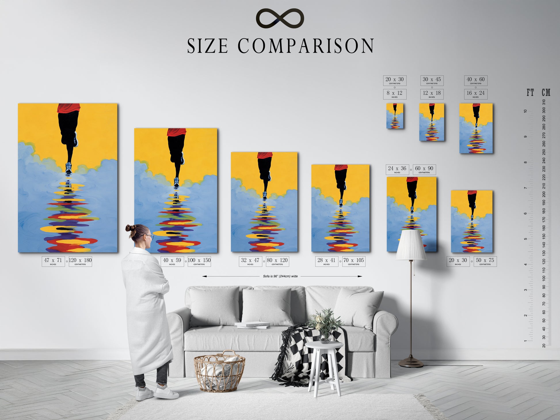 A size comparison chart of the runner artwork is displayed in an interior setting. See how this abstract marathon wall art fits into your space. A modern sport artwork and a great gift for any athlete. Visualize the perfect fit for your wall.
