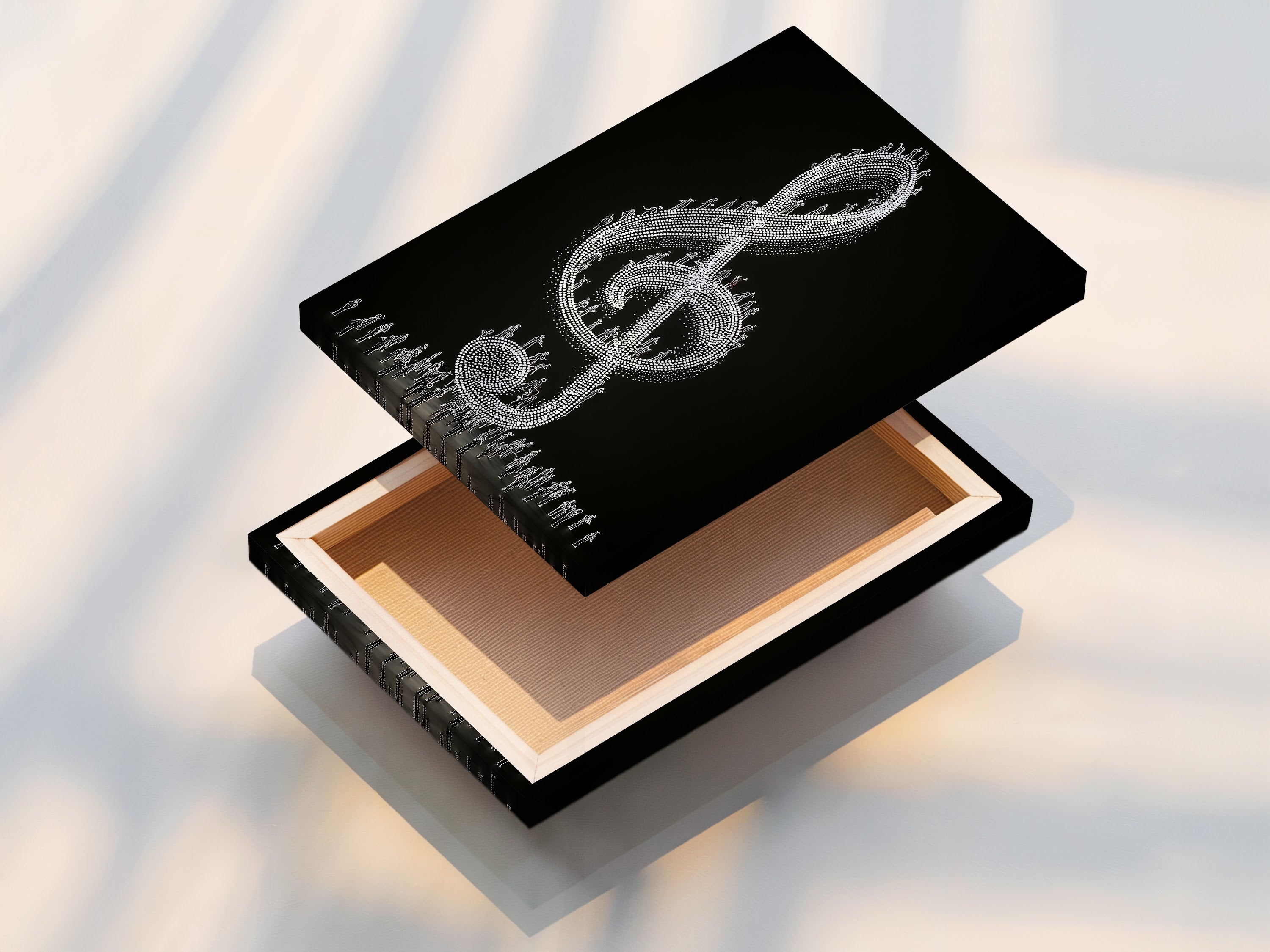 This stretched canvas print features a treble clef artwork. The canvas texture adds depth to the image. It is ready to hang in any music room. The modern black and white artwork is eye-catching. It is perfect for music lovers.