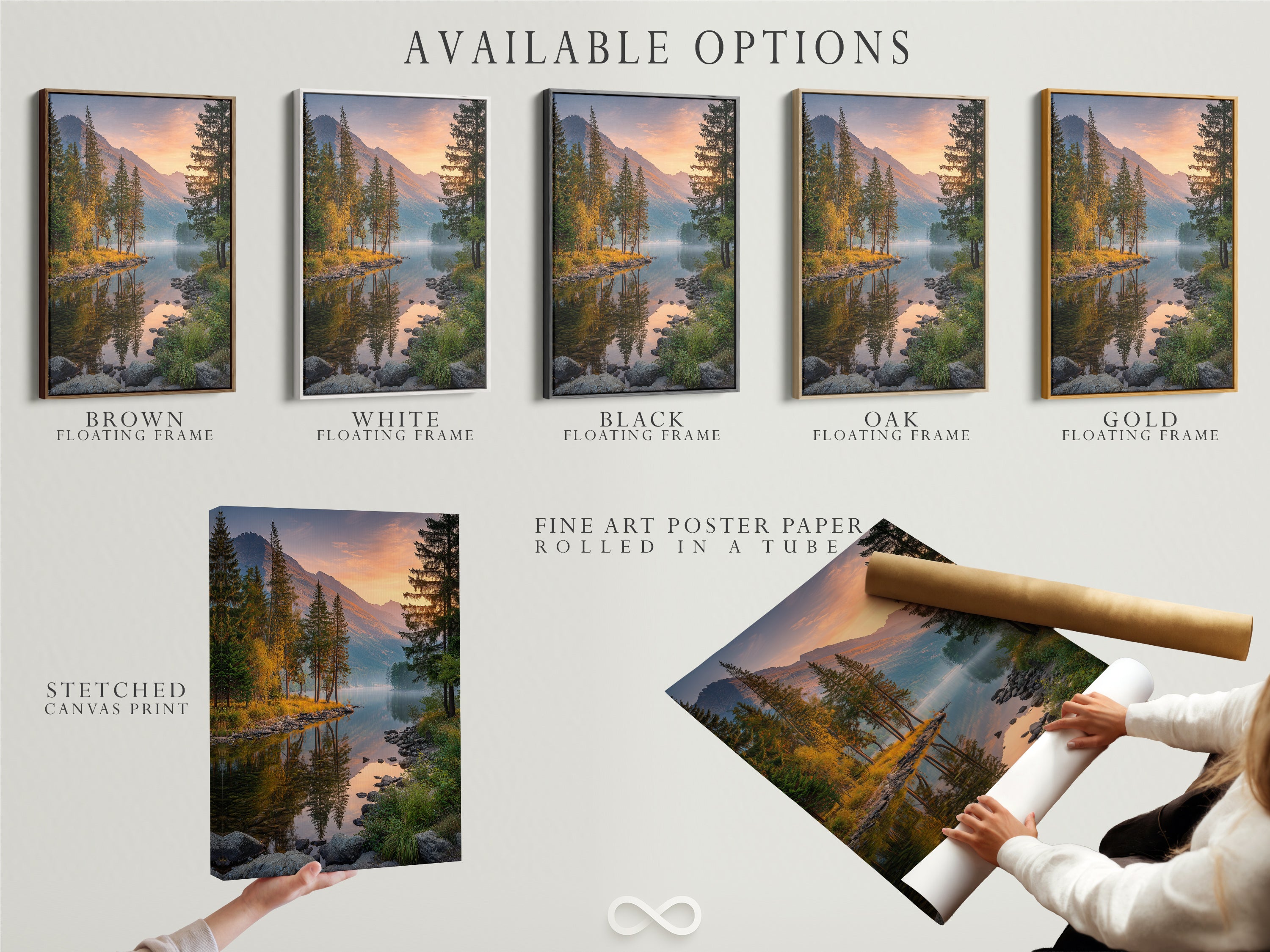 Available options for mountain lake artwork. Choose from a stretched canvas print fine art poster paper or floating frame. This landscape wall art is perfect for adding a rustic or farmhouse touch to your home decor. Enjoy the serene nature photography and scenic beauty of this artwork.
