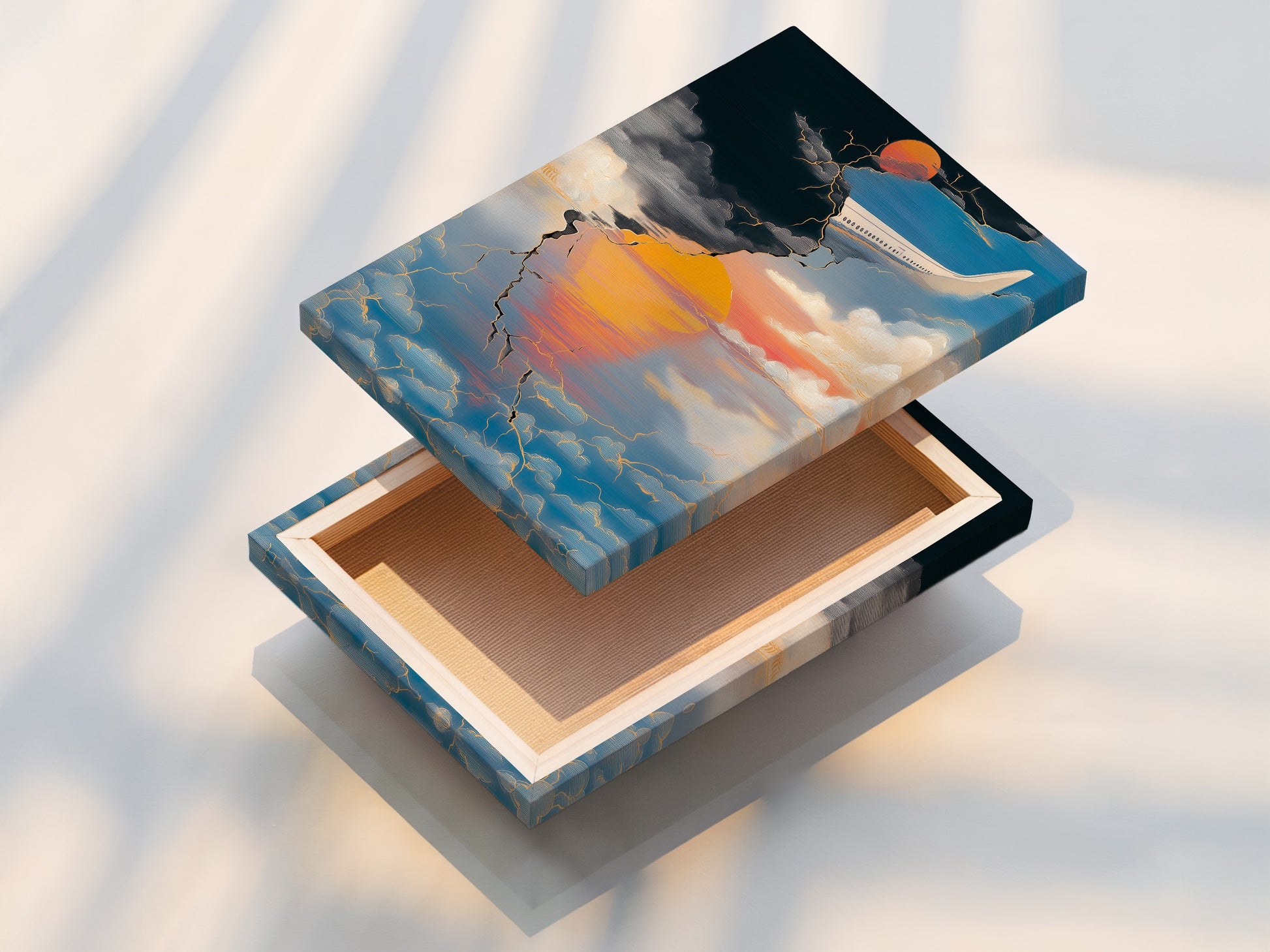 A stretched canvas print of an aviation travel poster. This abstract sunset wall art is ready to hang. The modern airplane artwork will transform any room. It's a stunning piece.