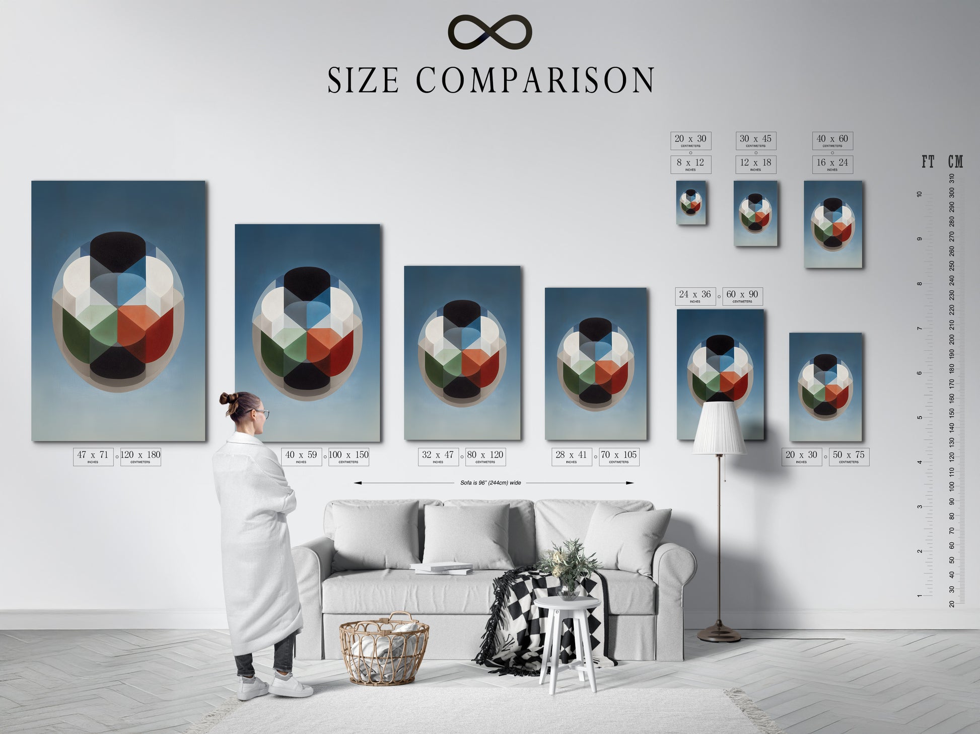 Size comparison chart in interior. This size comparison chart helps you visualize the different sizes of our artwork. It shows how each size looks in a real interior setting. Choose the perfect size for your space.