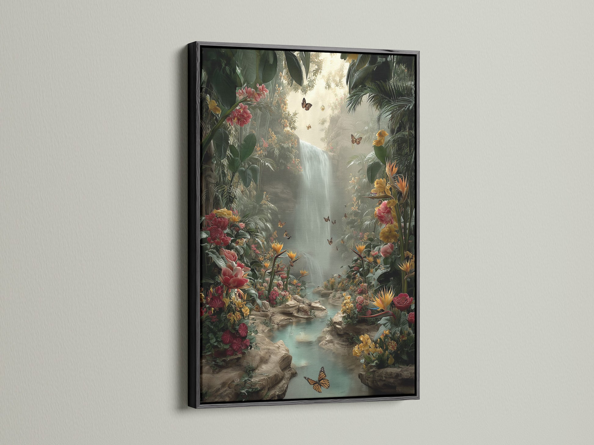 Tropical Waterfall artwork presented in a black frame. The artwork features a vibrant jungle with a waterfall and butterflies. The dark frame creates a striking contrast with the bright jungle scene. Transform your space with this exotic wall print. A dramatic and stylish addition to any room.